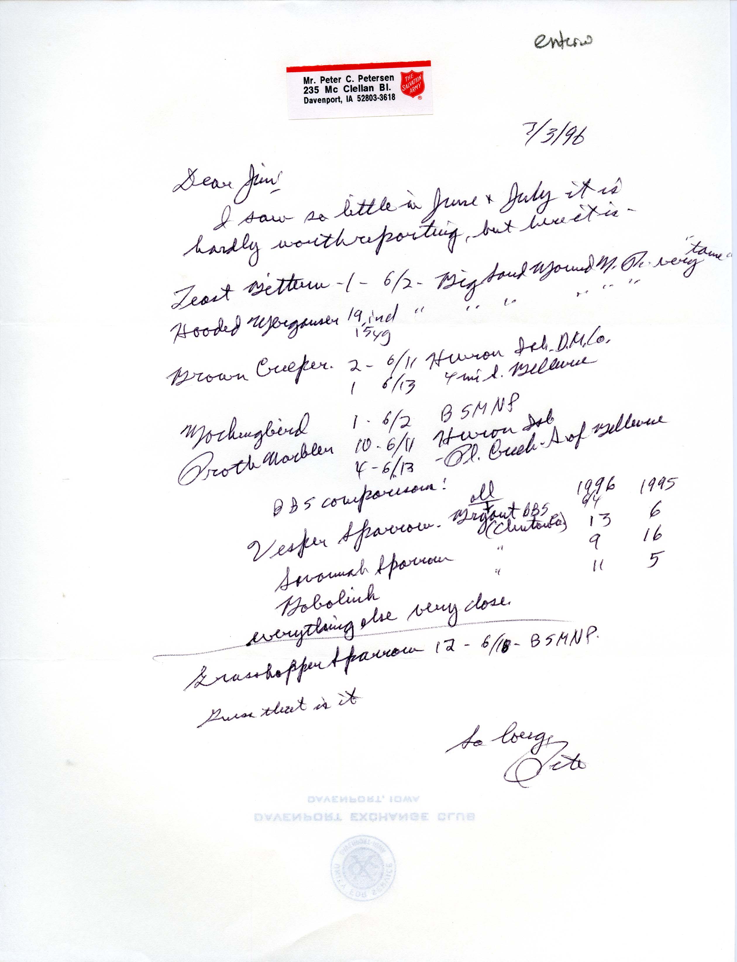 Peter C. Petersen letter to James J. Dinsmore regarding bird sightings, July 3, 1996