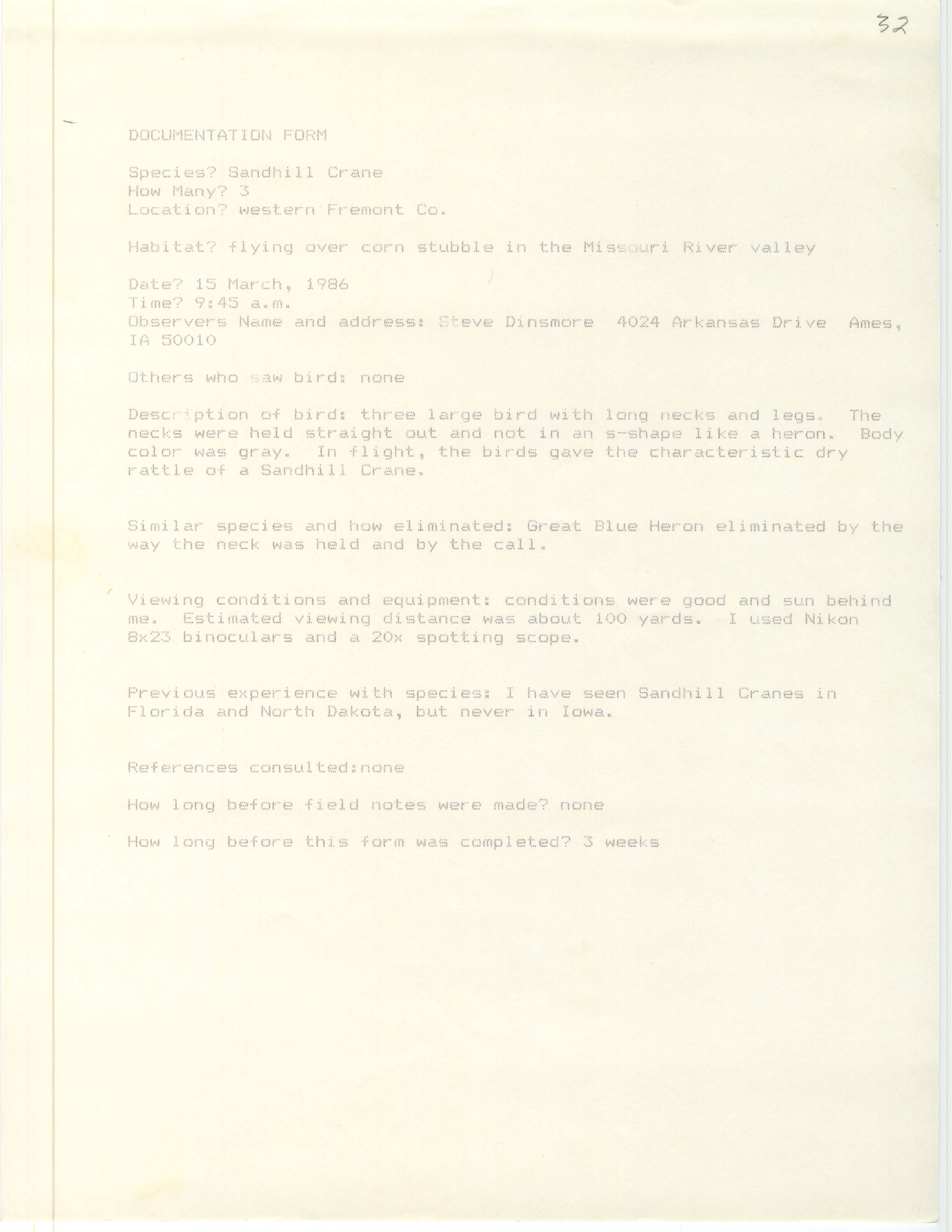 Rare bird documentation form for Sandhill Crane in western Fremont County, 1986