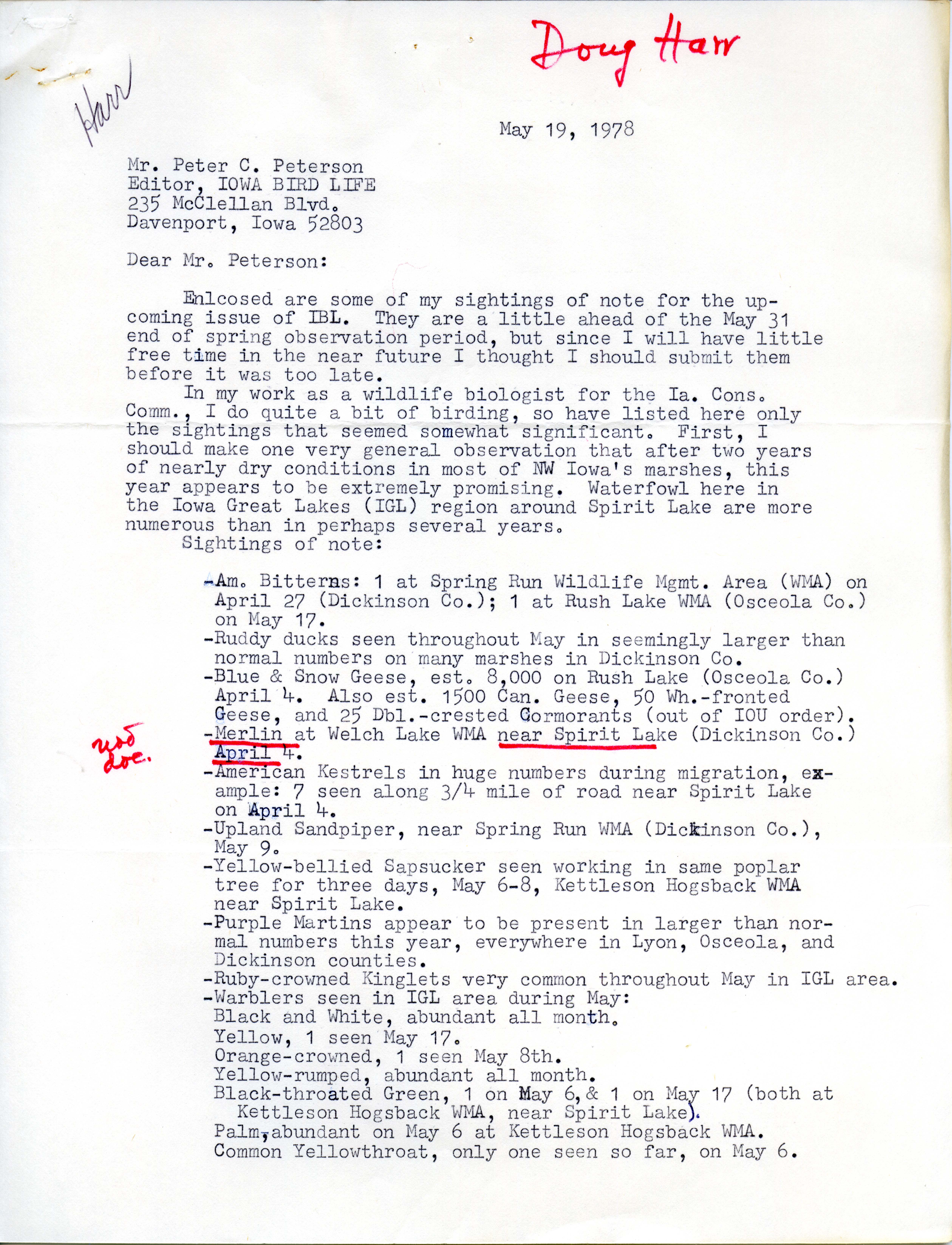 Douglas C. Harr  letter to Peter C. Petersen regarding bird sightings, May 19, 1978 