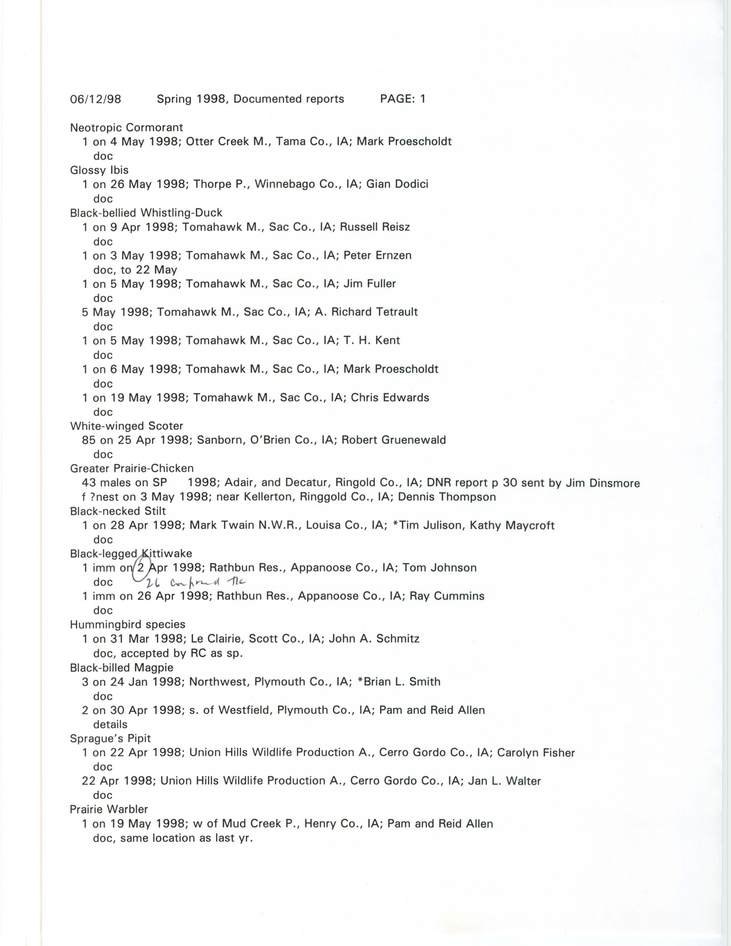 Spring 1998, documented reports, June 12, 1998