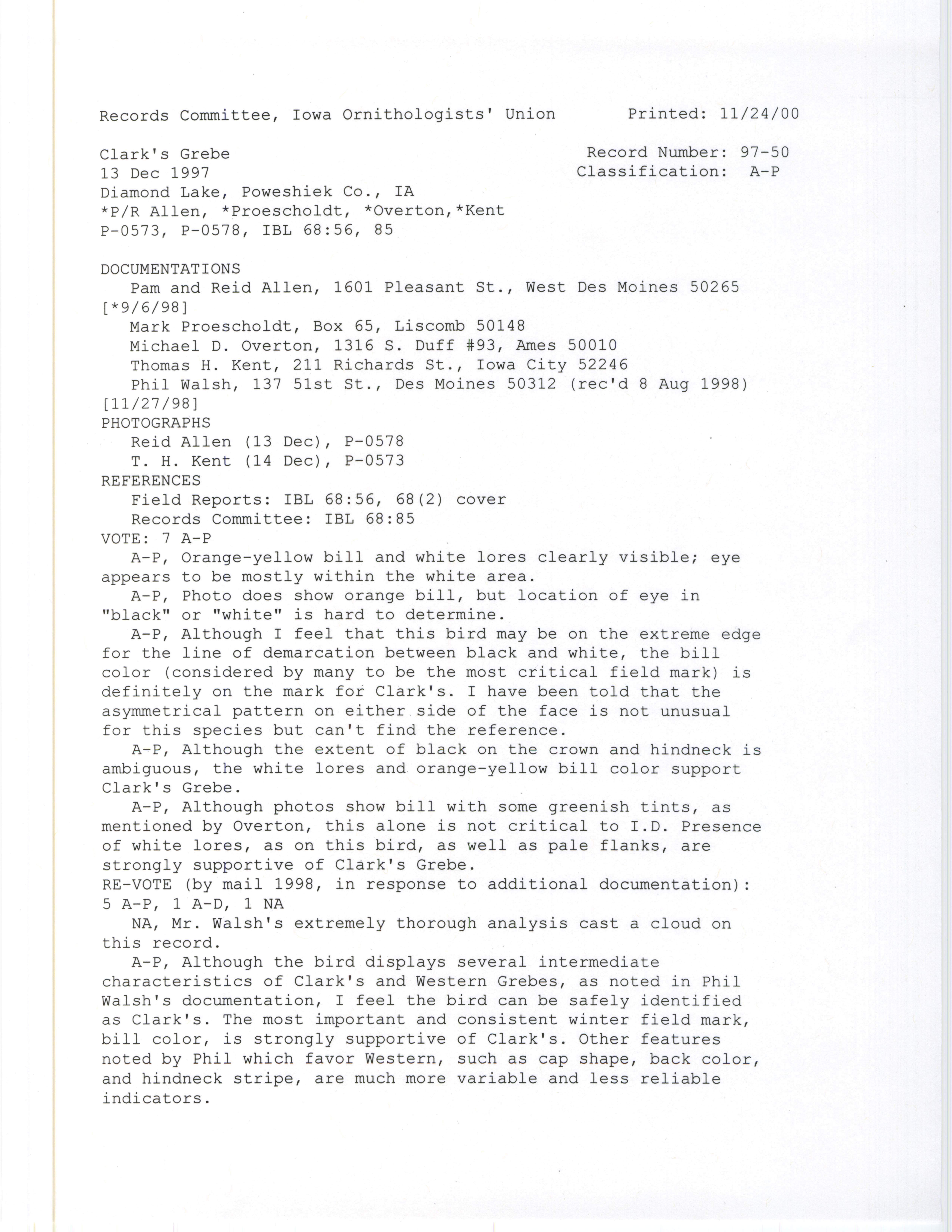 Records Committee review for rare bird sighting of Clark's Grebe at Diamond Lake, 1997