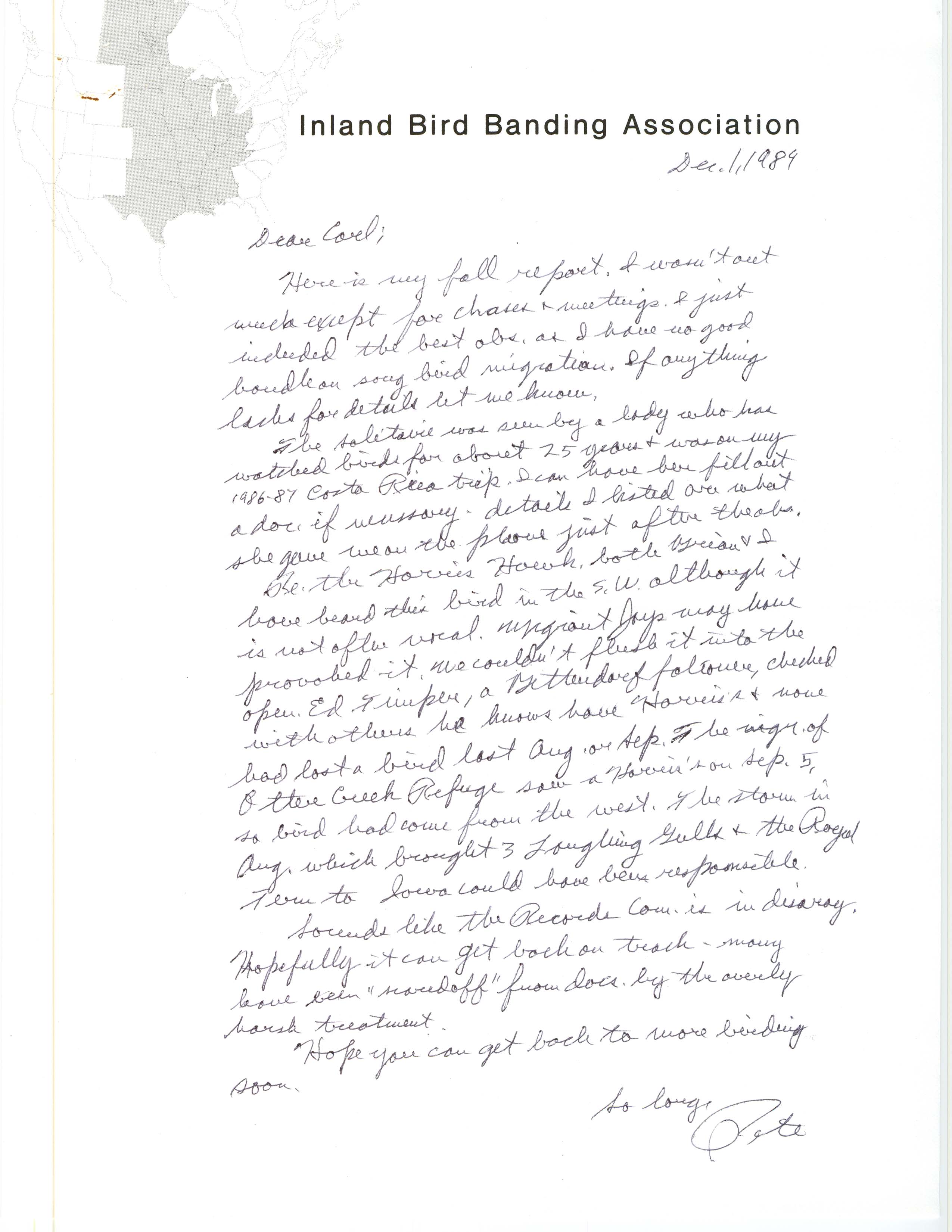 Peter C. Petersen letter to Carl Bendorf regarding bird sightings for the IOU Quarterly Field Report, December 1, 1989