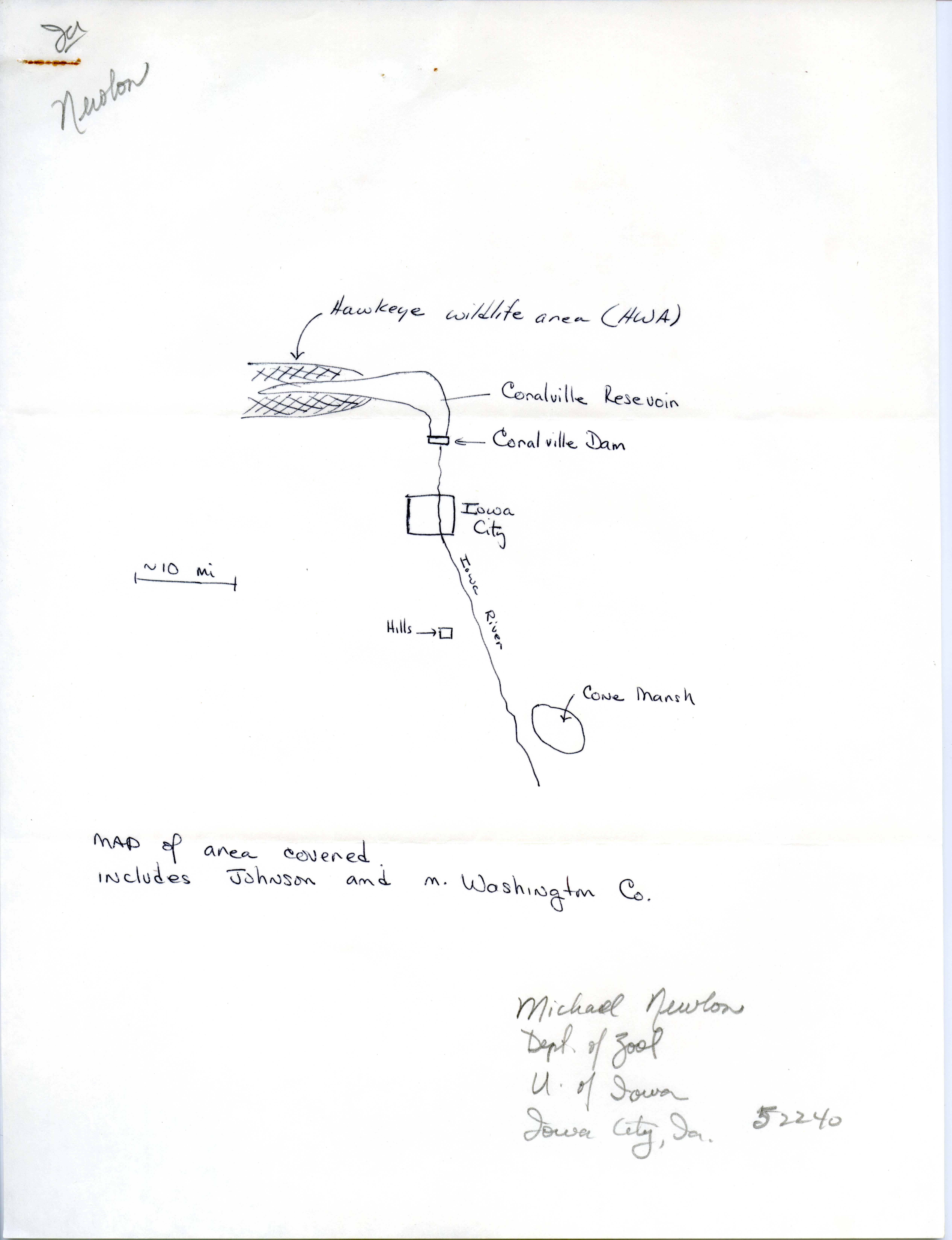 Field notes and map from Michael C. Newlon, Iowa City area, winter 1974-1975