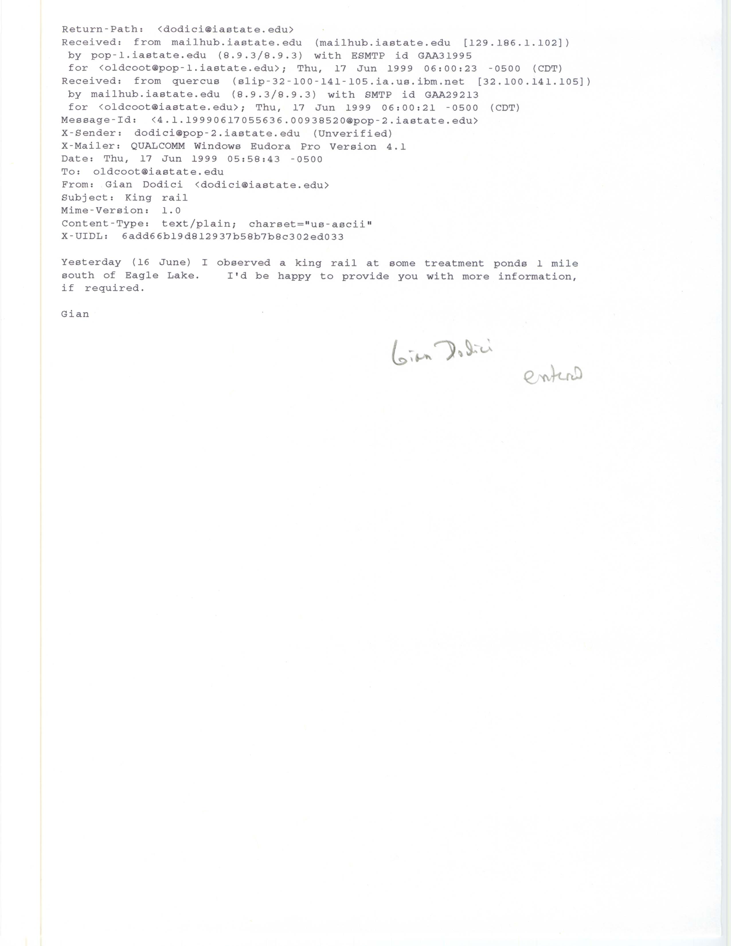 Gian Dodici email to Jim Dinsmore regarding King Rail sighting, June 17, 1999