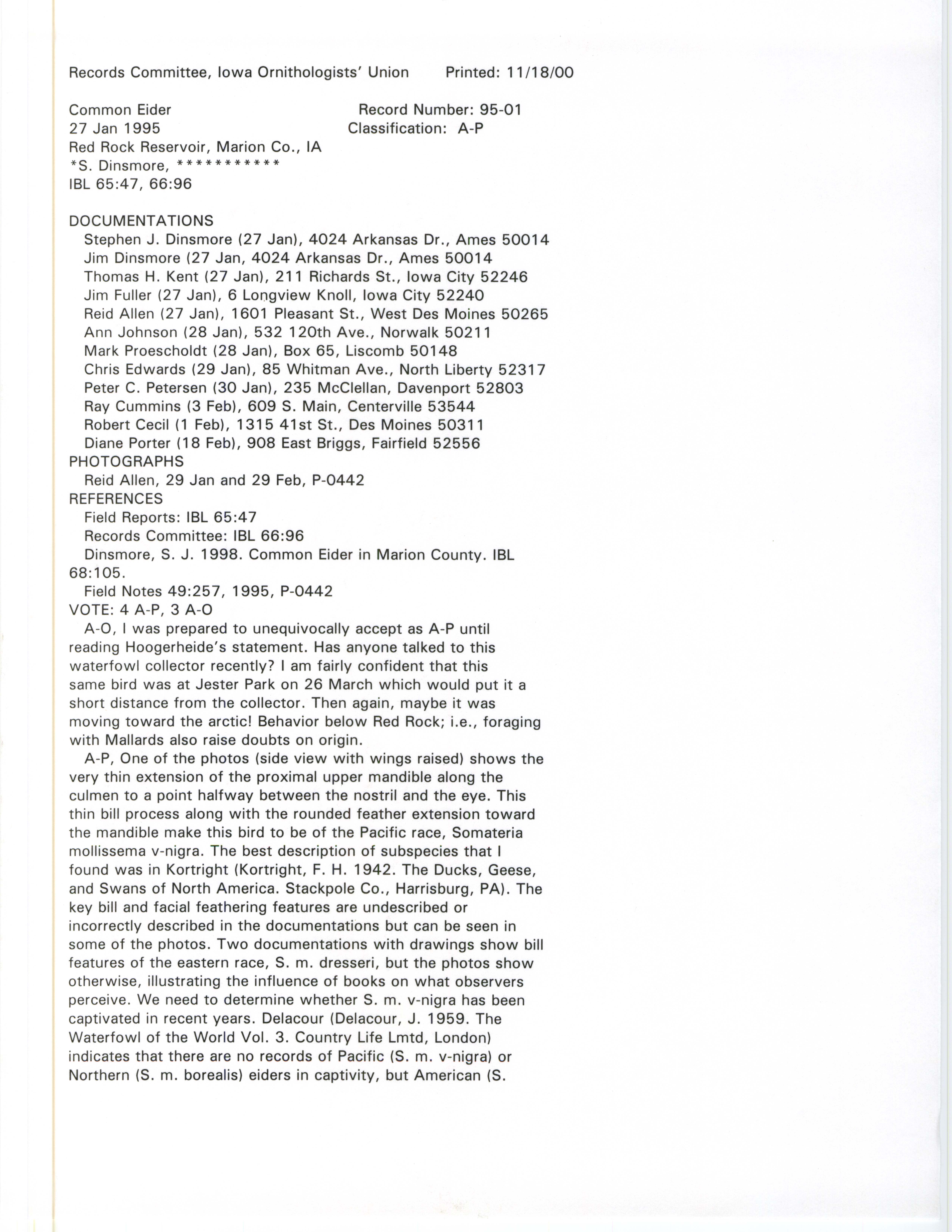 Records Committee review for rare bird sighting of Common Eider at Red Rock Reservoir, 1995