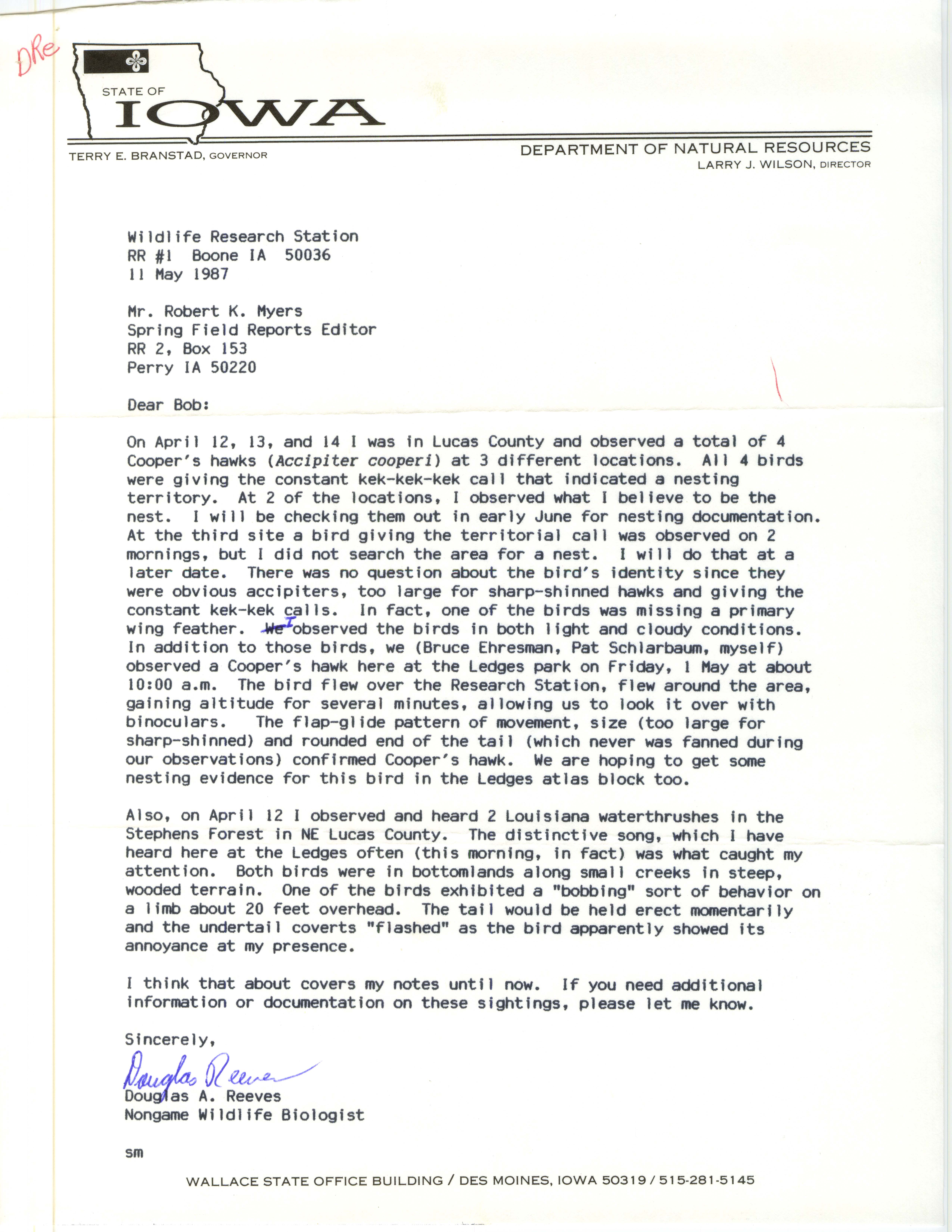 Doug Reeves letter to Robert K. Myers regarding a special sighting report, May 11, 1987