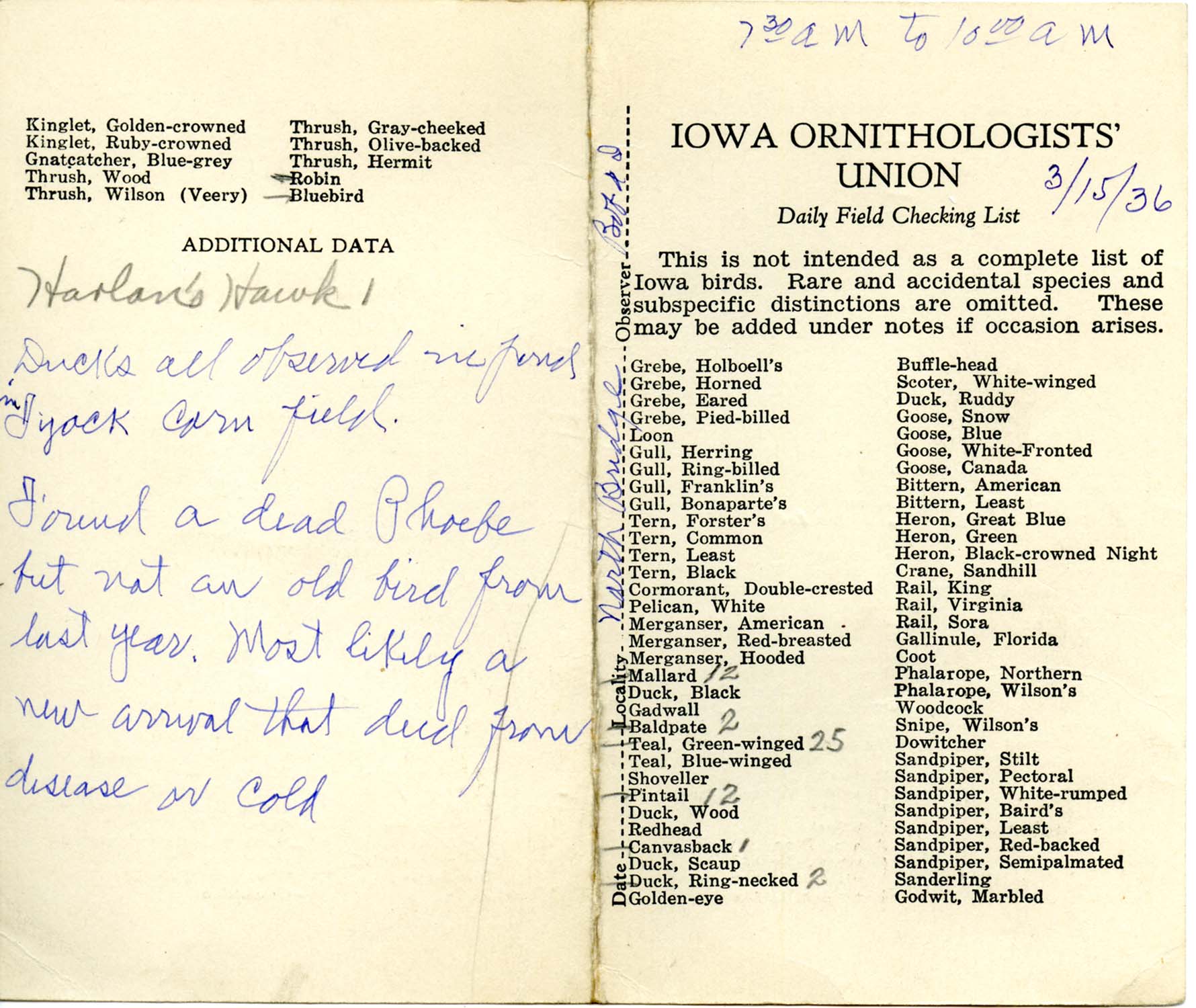 Daily field checking list by Walter Rosene, March 15, 1936