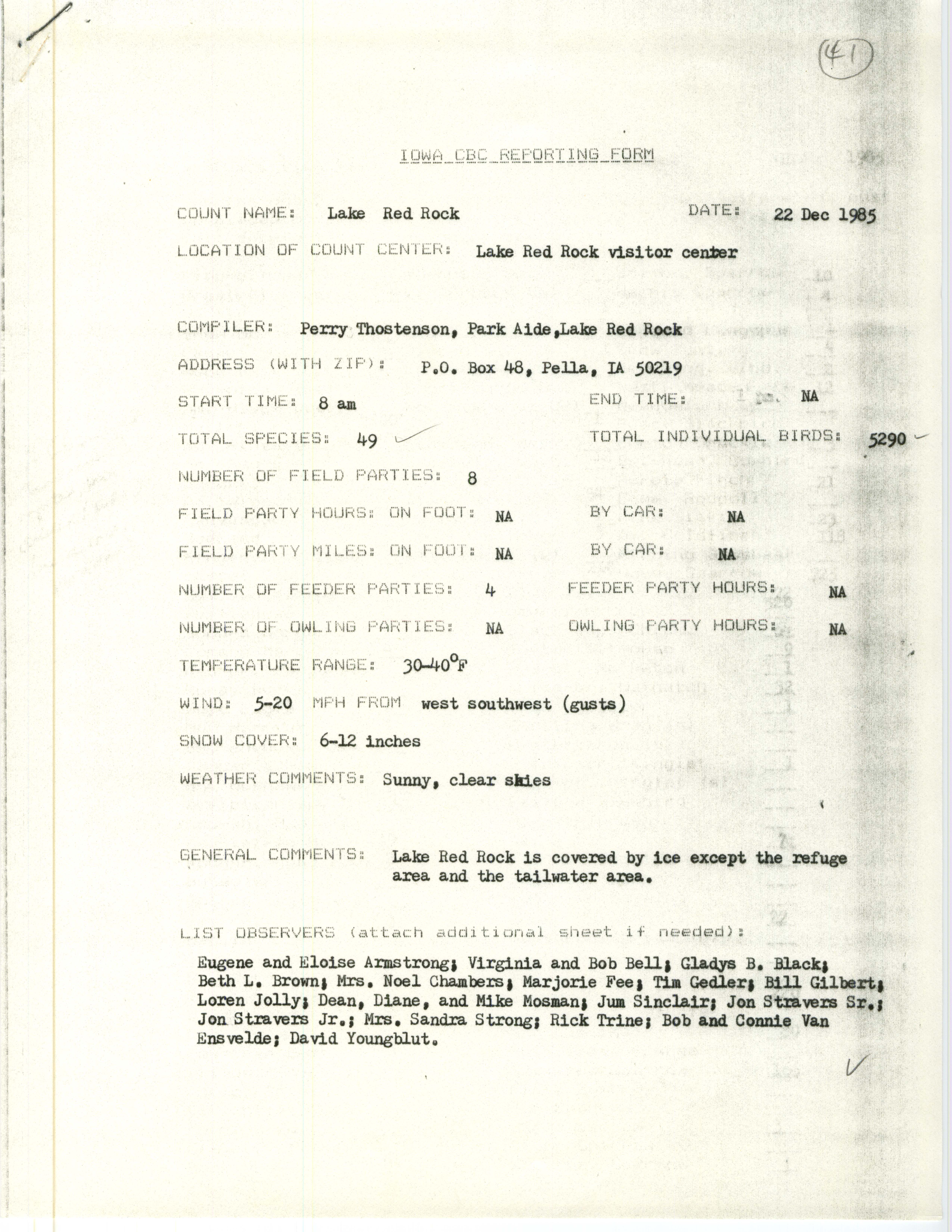 Iowa CBC reporting form, Lake Red Rock, December 22, 1985