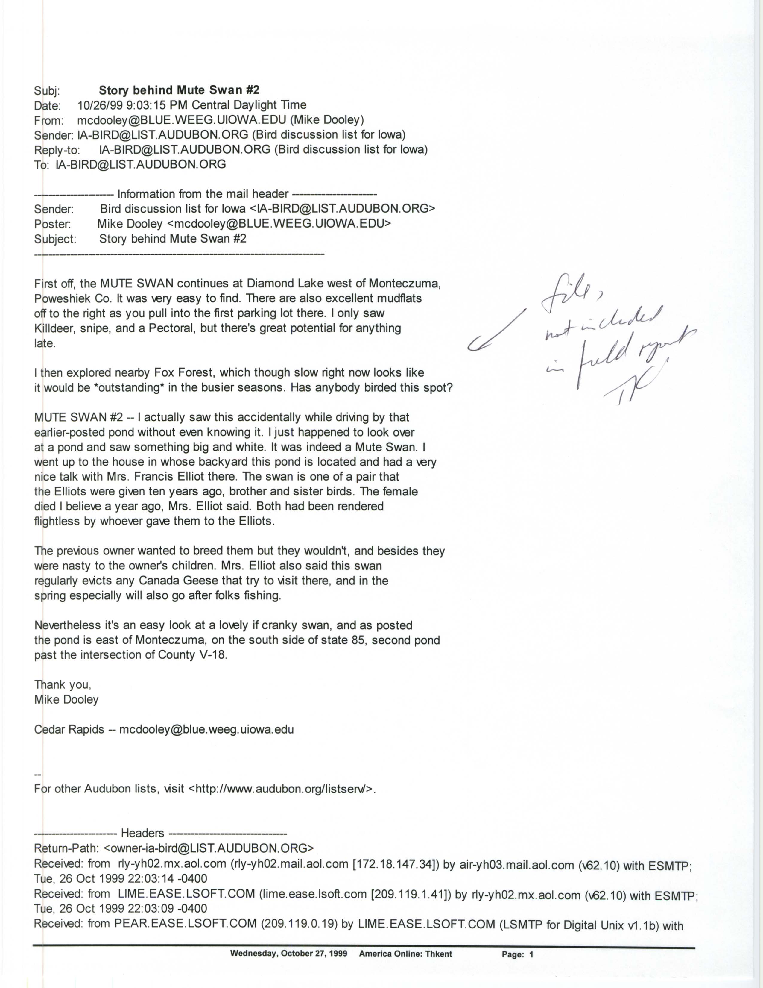 Mike Dooley email to Iowa Bird List regarding sightings of a Mute Swan, 1999