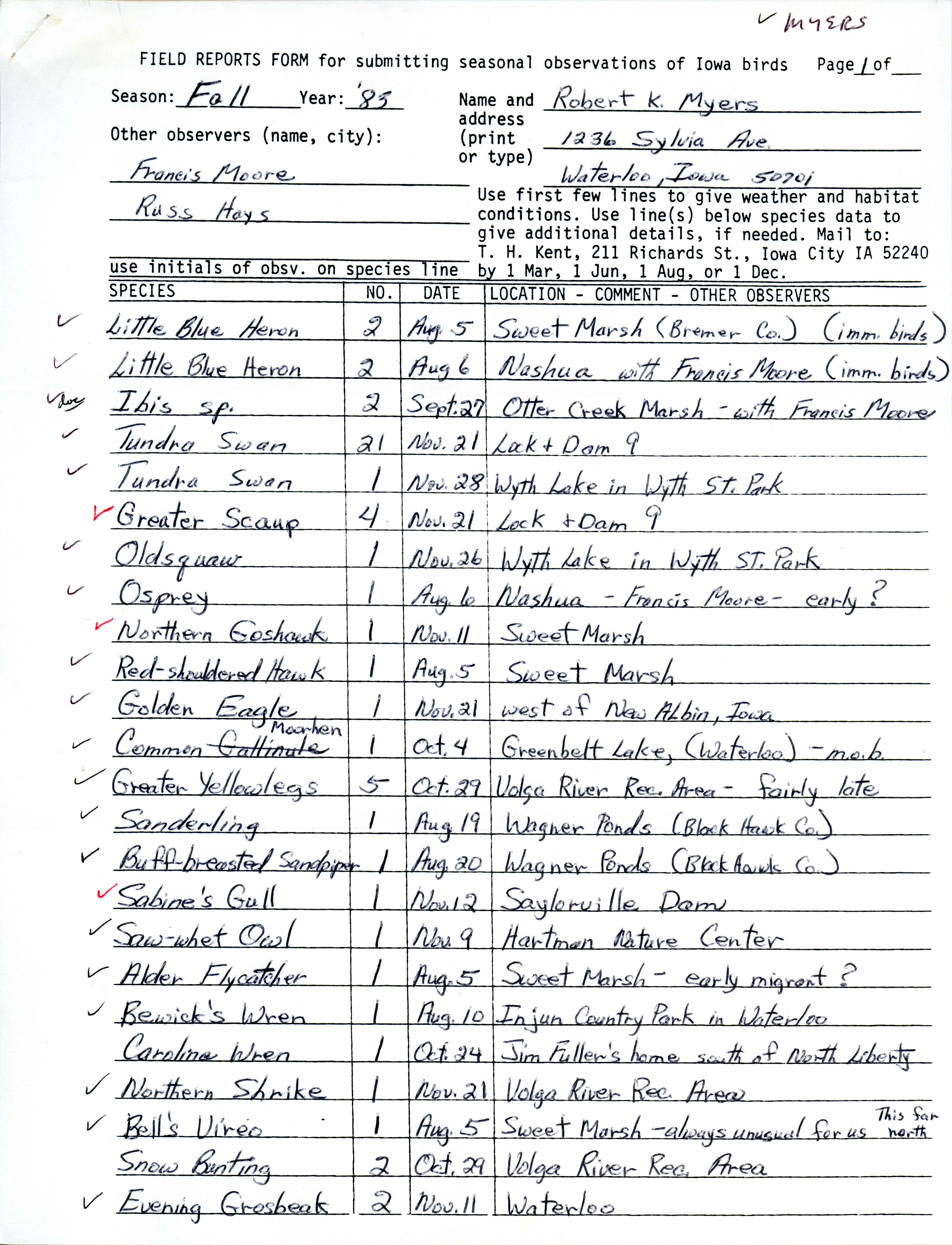 Field reports form for submitting seasonal observations of Iowa birds, Robert Myers, fall 1983