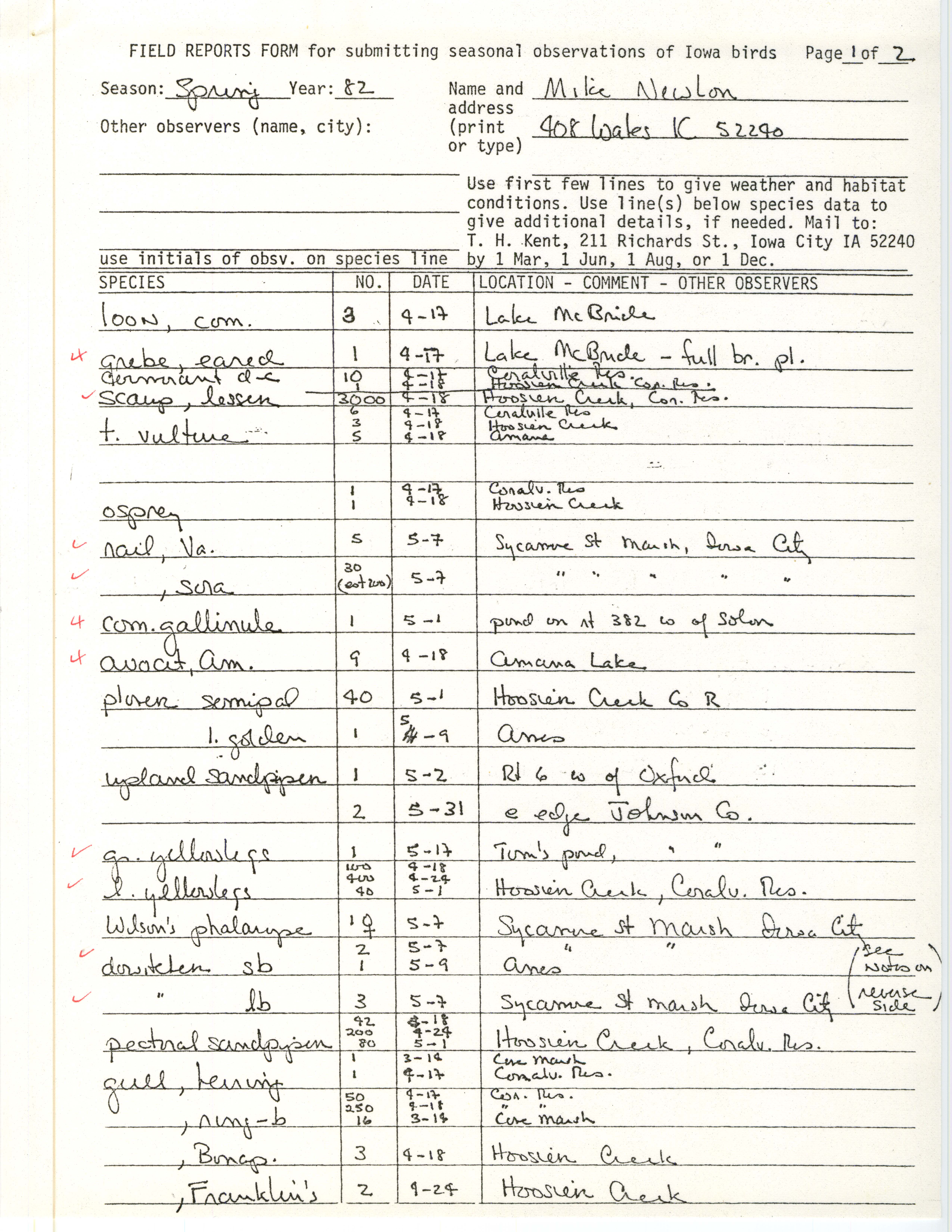 Field notes contributed by Michael C. Newlon, spring 1982