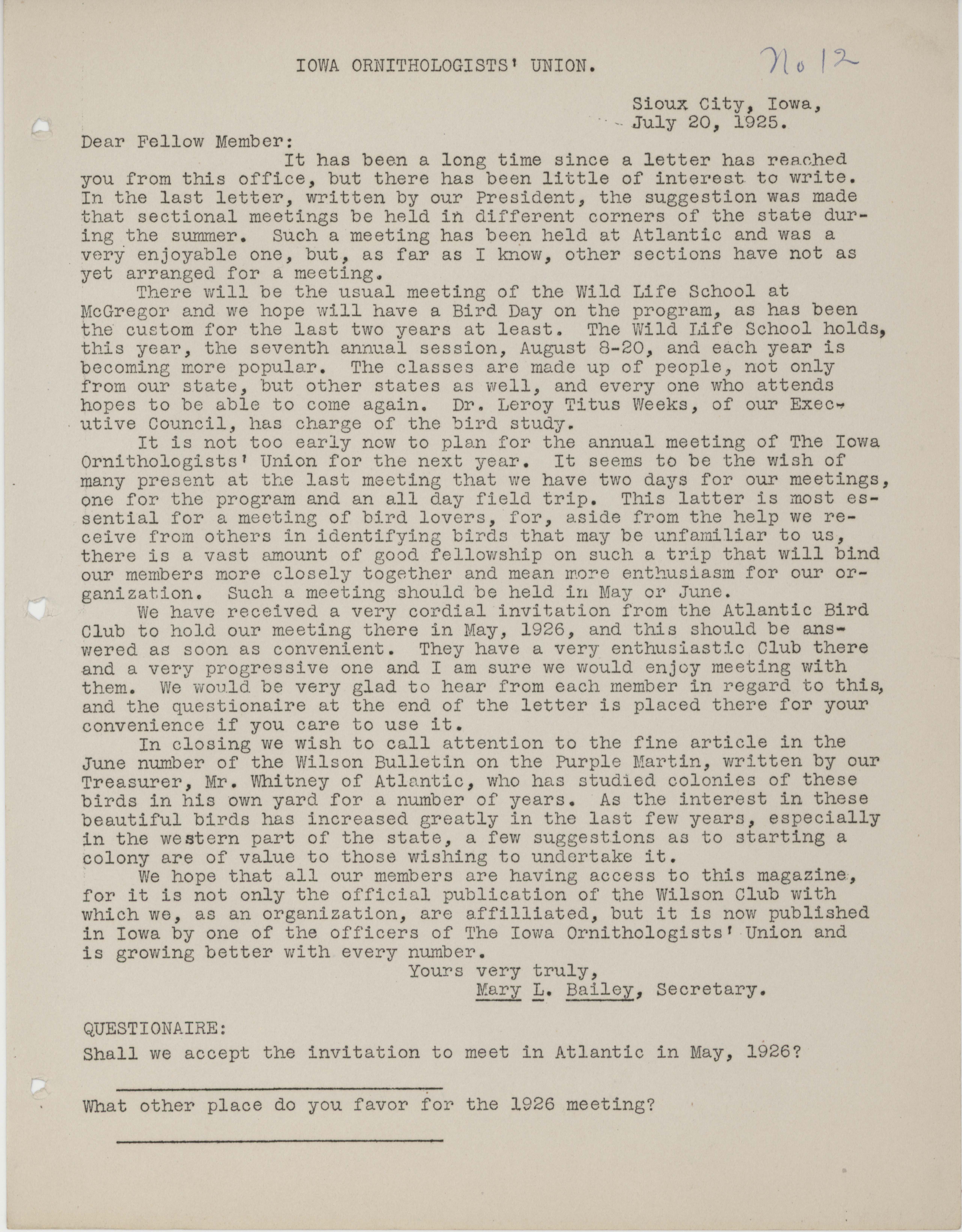 Letter to members of the Iowa Ornithologists' Union regarding planning for the next annual meeting, July 20, 1925