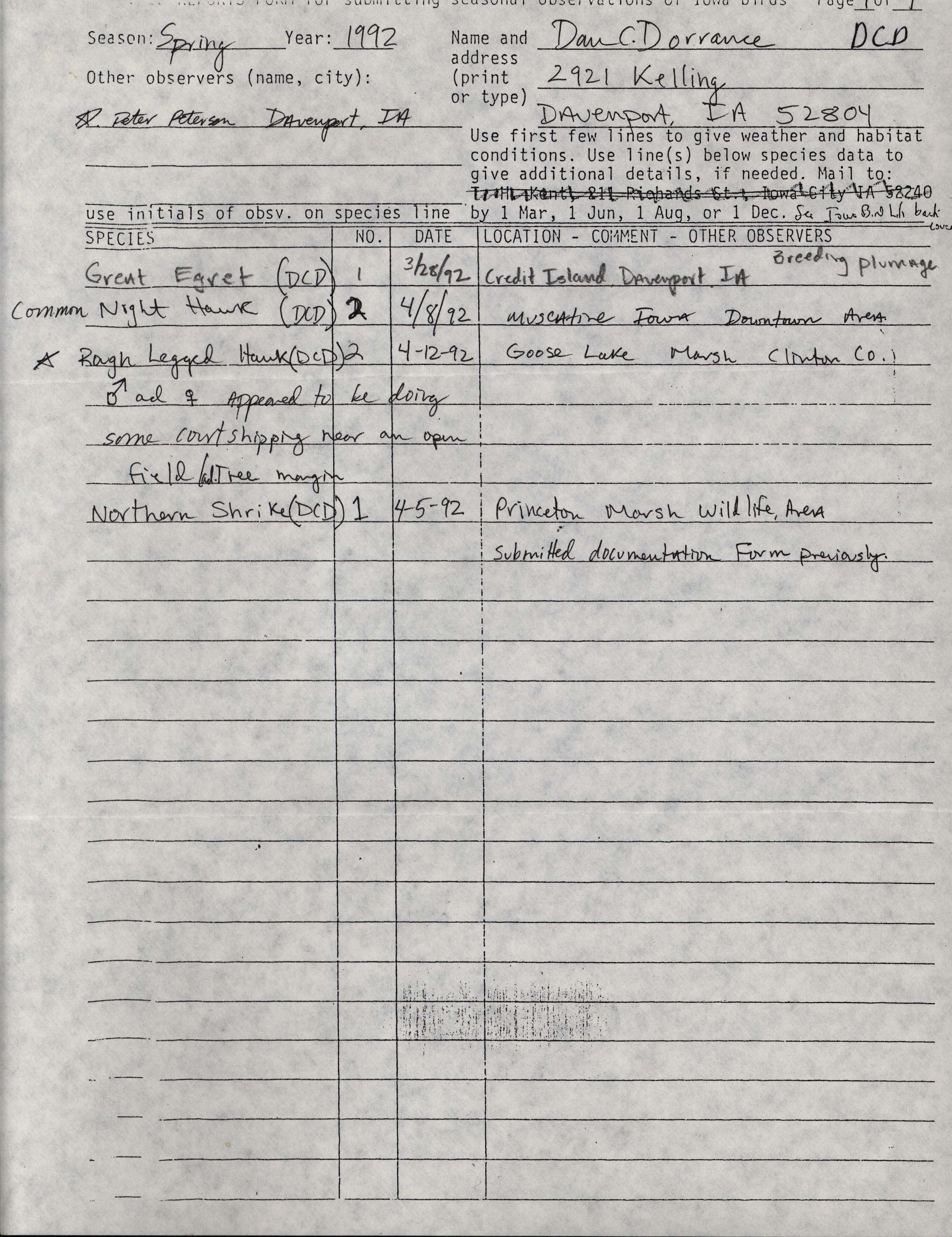 Field reports form for submitting seasonal observations of Iowa birds, Dan Dorrance, spring 1992