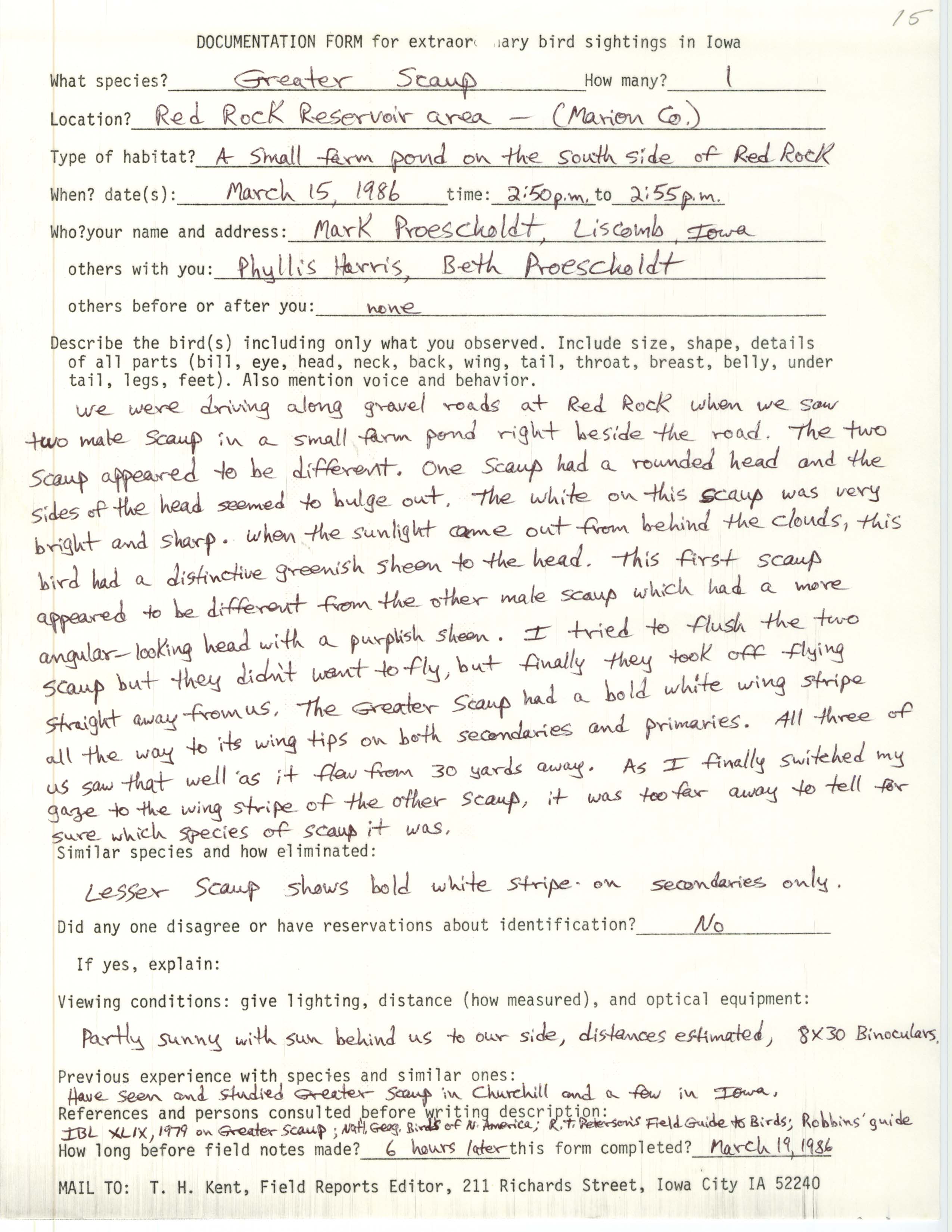 Rare bird documentation form for Greater Scaup at Red Rock Reservoir, 1986