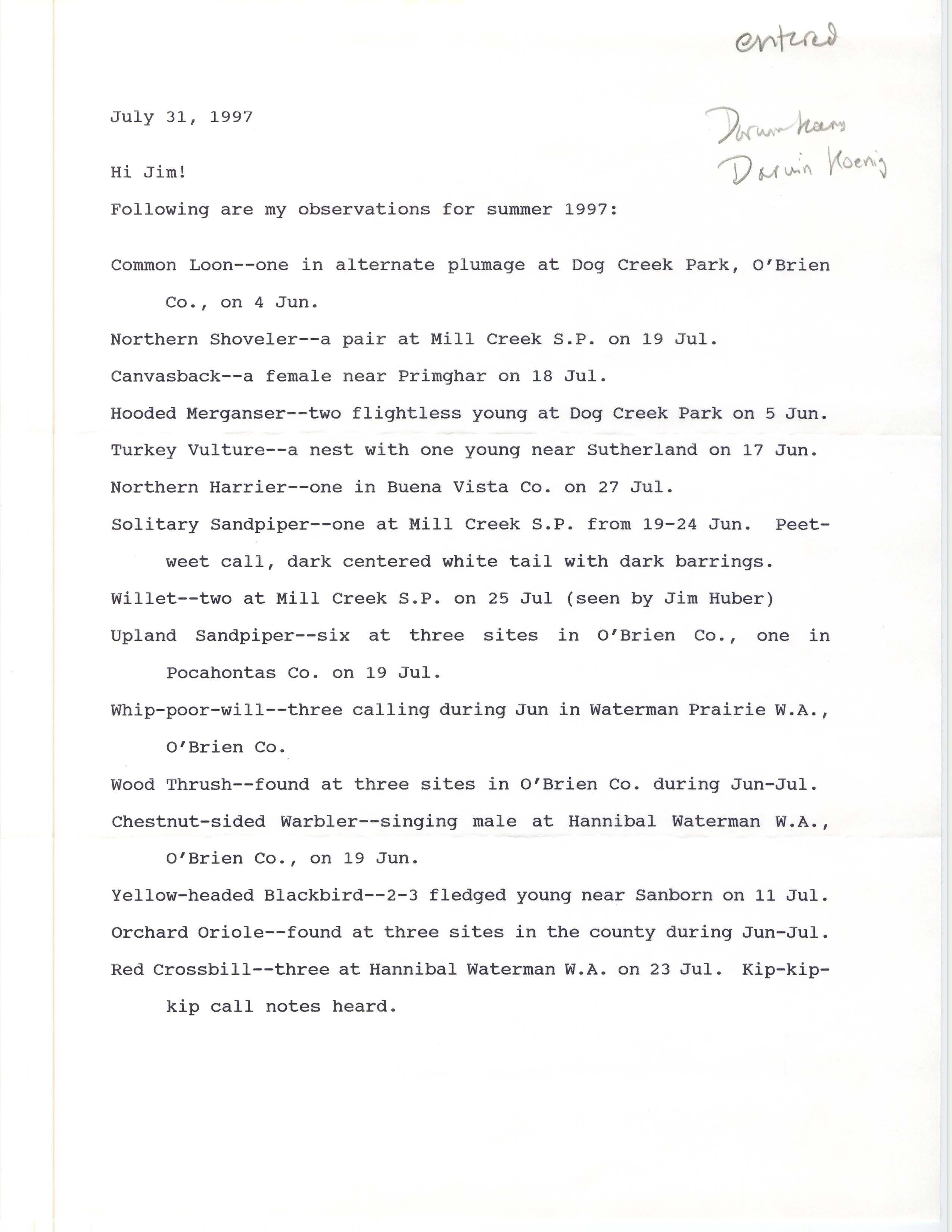 Darwin Koenig letter to James J. Dinsmore regarding summer bird sightings, July 31, 1997