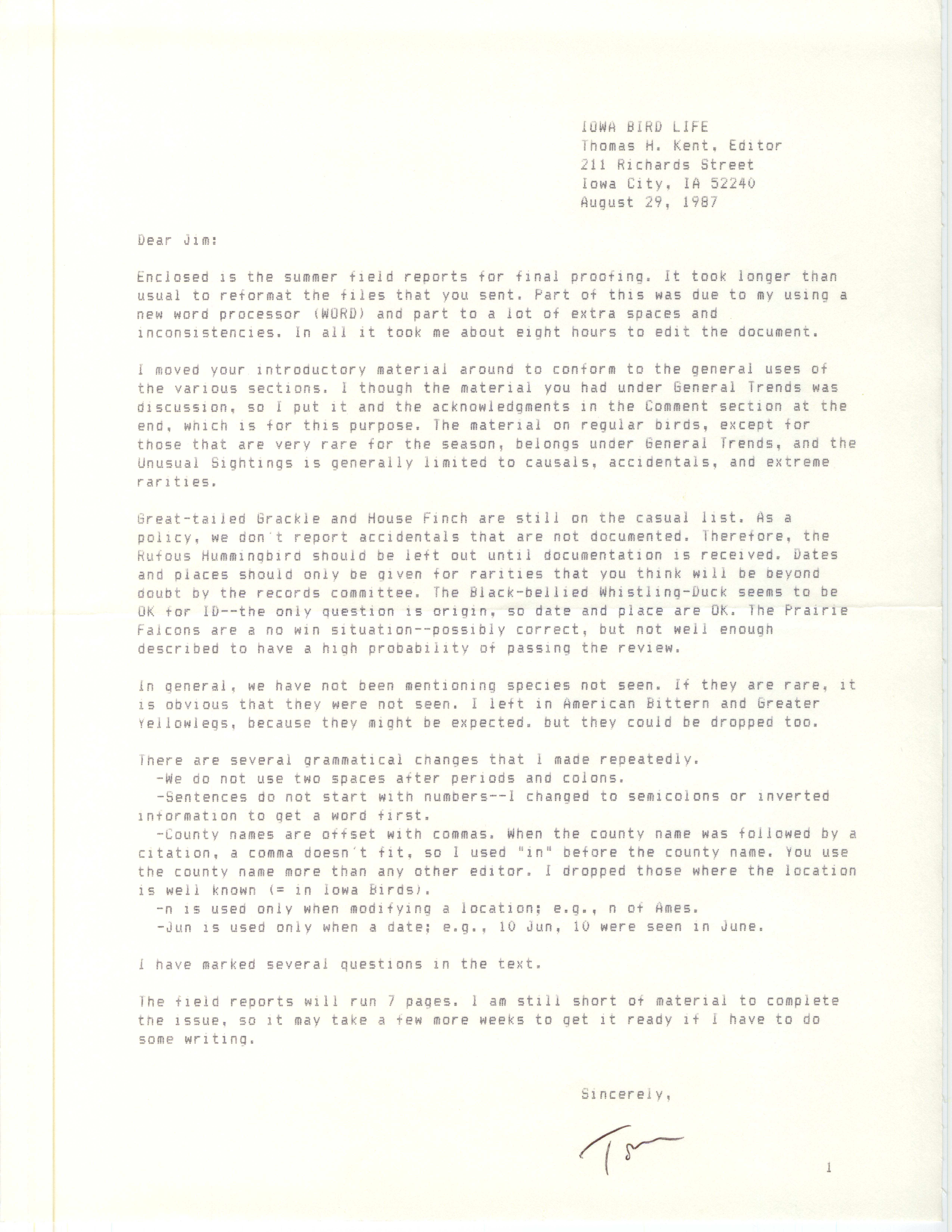 Thomas H. Kent letter to James J. Dinsmore regarding the design and editing of the summer field report for Iowa Bird Life, August 29, 1987