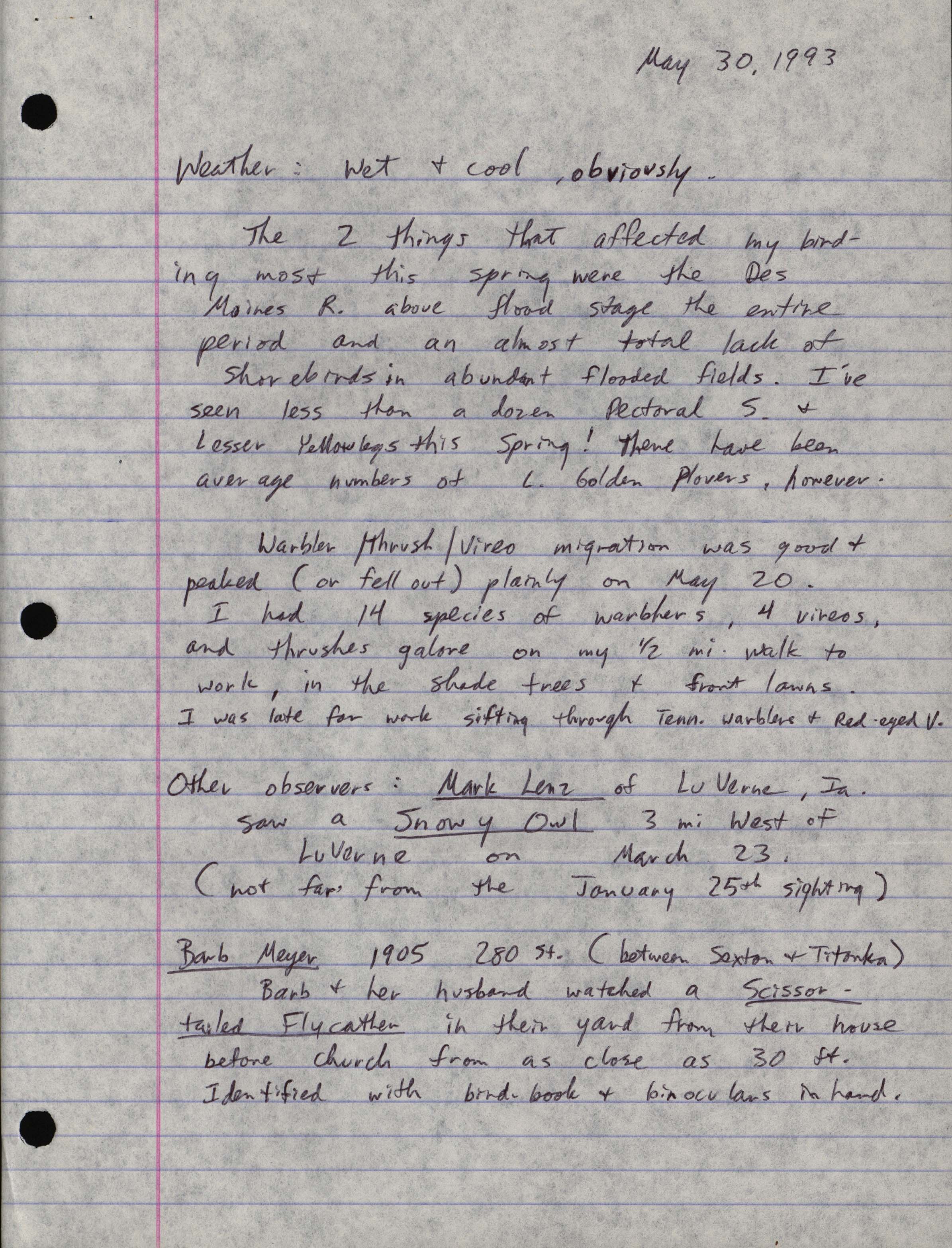 Matt Kenne note regarding weather and migration information, May 30, 1993