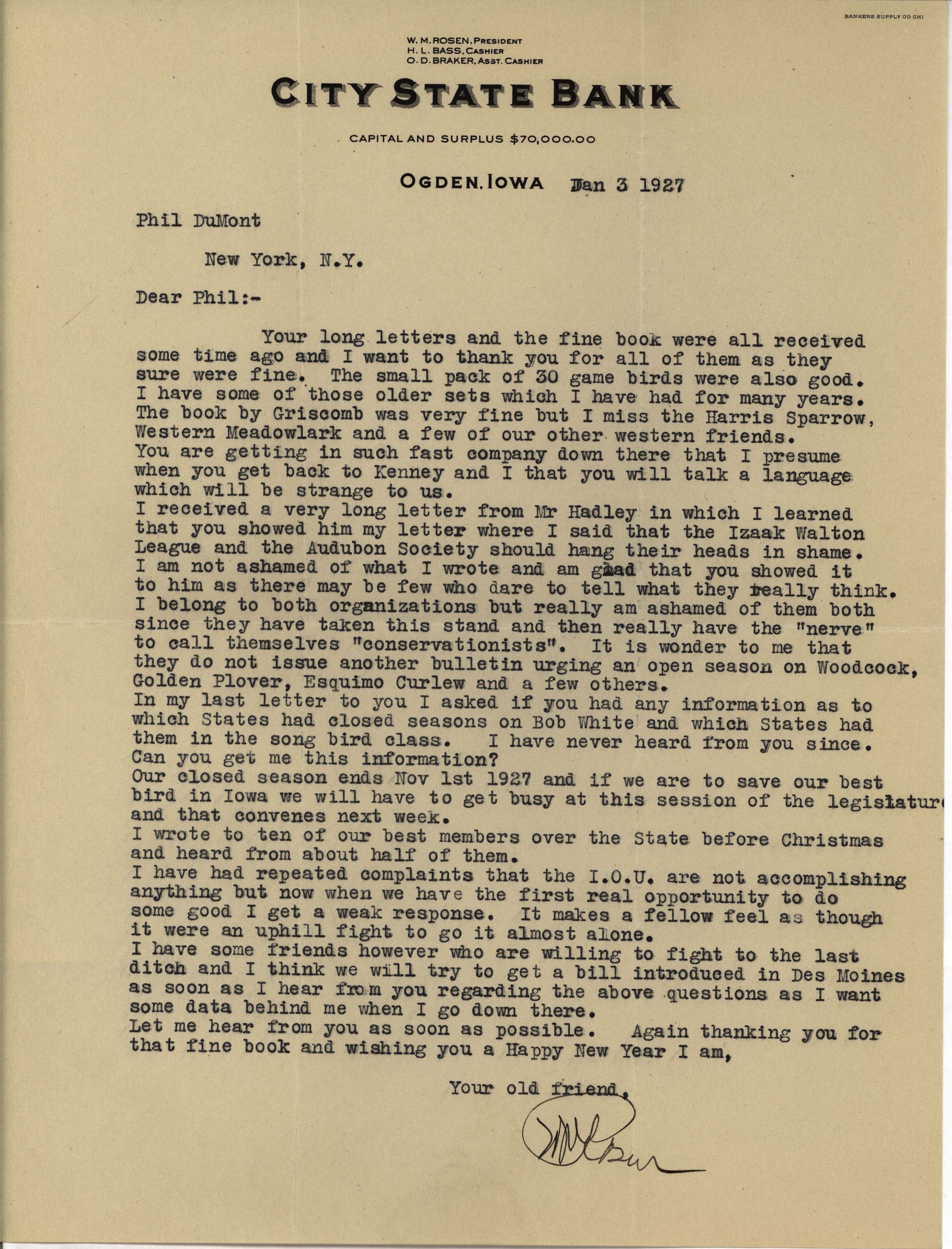 Walter Rosene letter to Philip DuMont regarding wildlife conservation, January 3, 1927