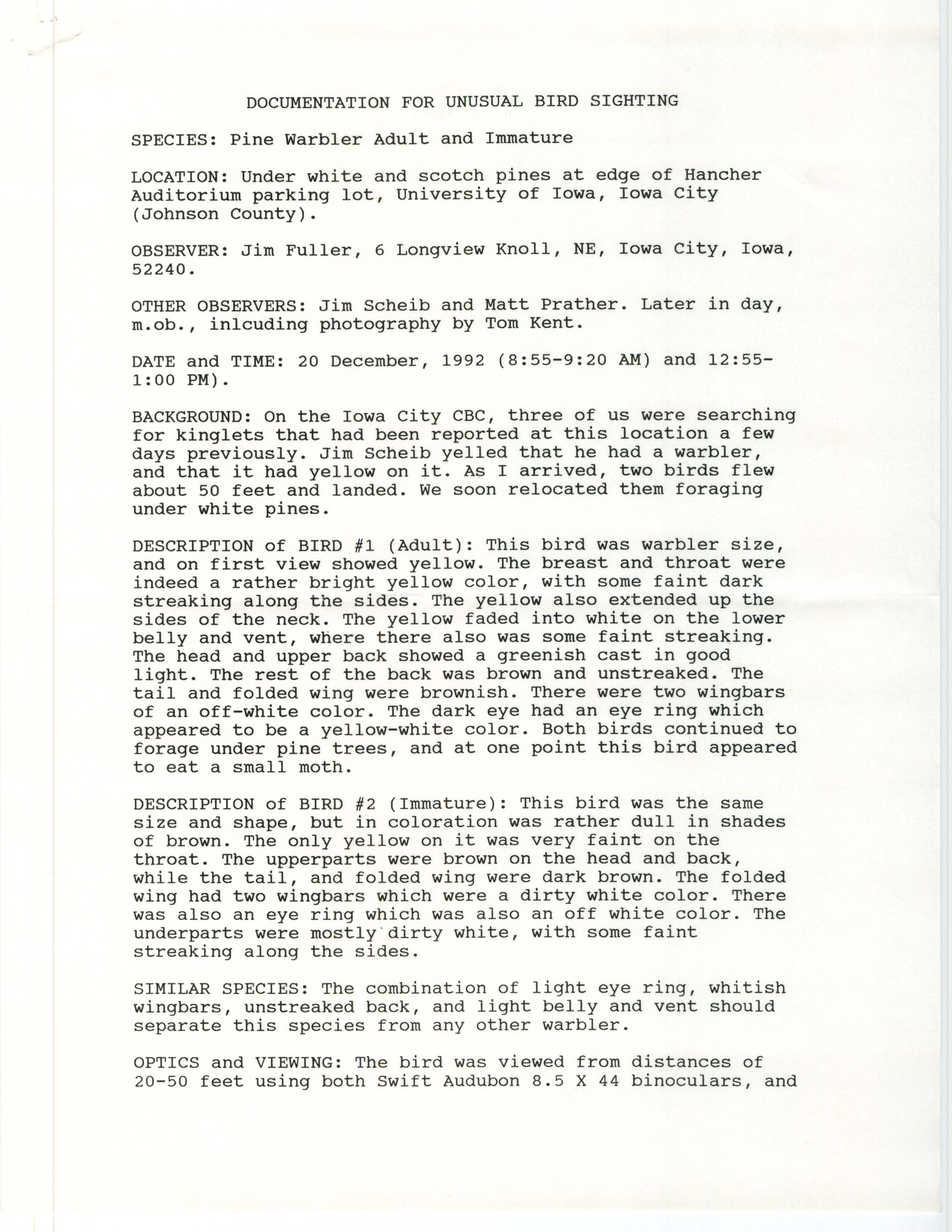 Rare bird documentation form for Pine Warbler at Hancher Auditorium at the University of Iowa, 1992