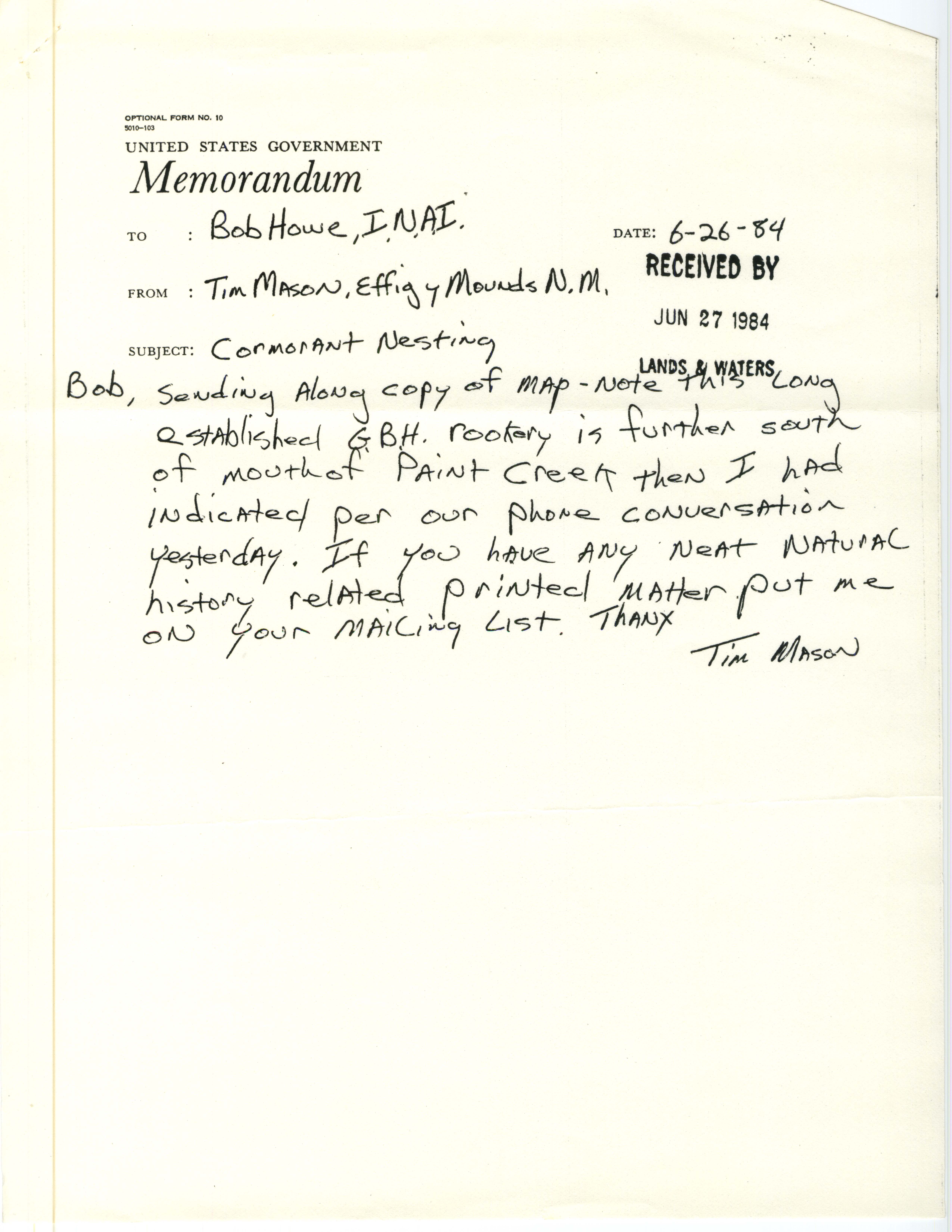 Tim Mason letter to Bob Howe regarding Double-crested Cormorant nesting, June 26, 1984