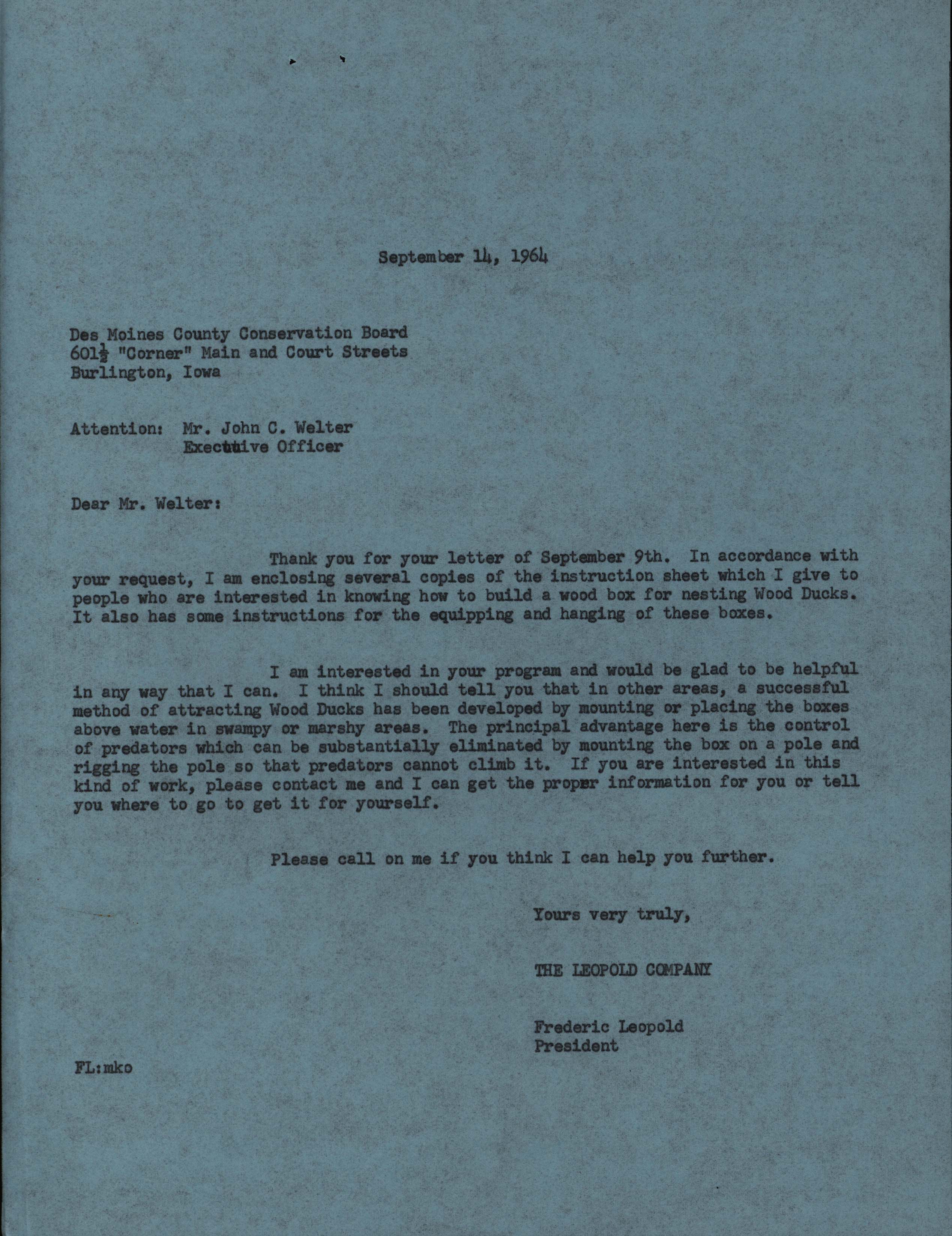 Frederic Leopold letter to John C. Welter regarding a request for Wood Duck house information, September 14, 1964