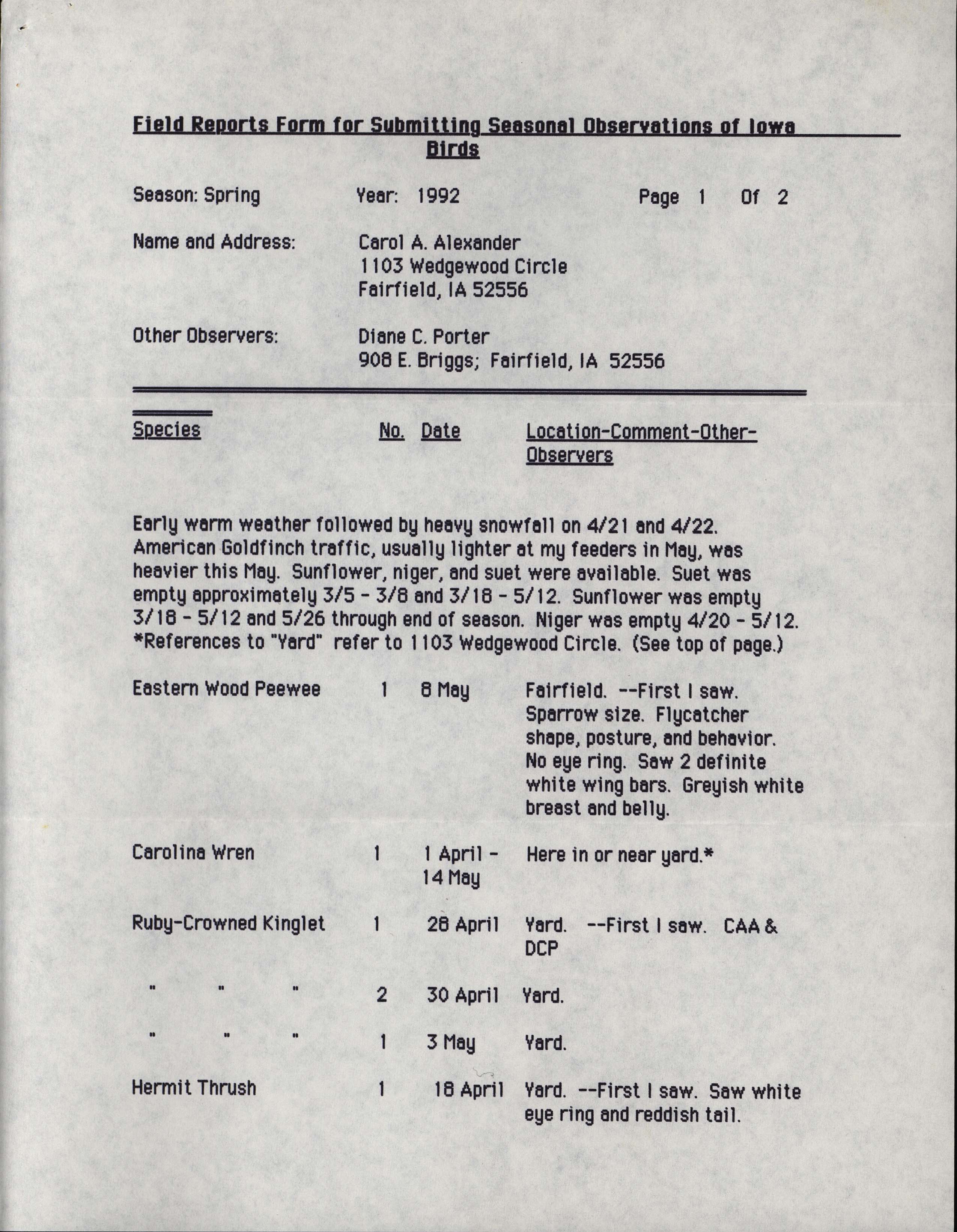 Field reports form for submitting seasonal observations of Iowa birds, Carol Ann Alexander, spring 1992
