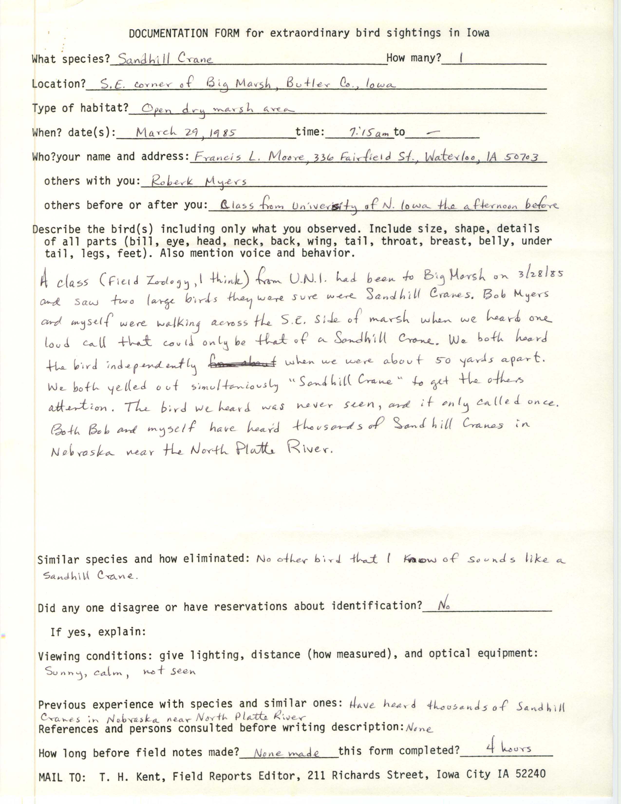 Rare bird documentation form for Sandhill Crane at Big Marsh in 1985
