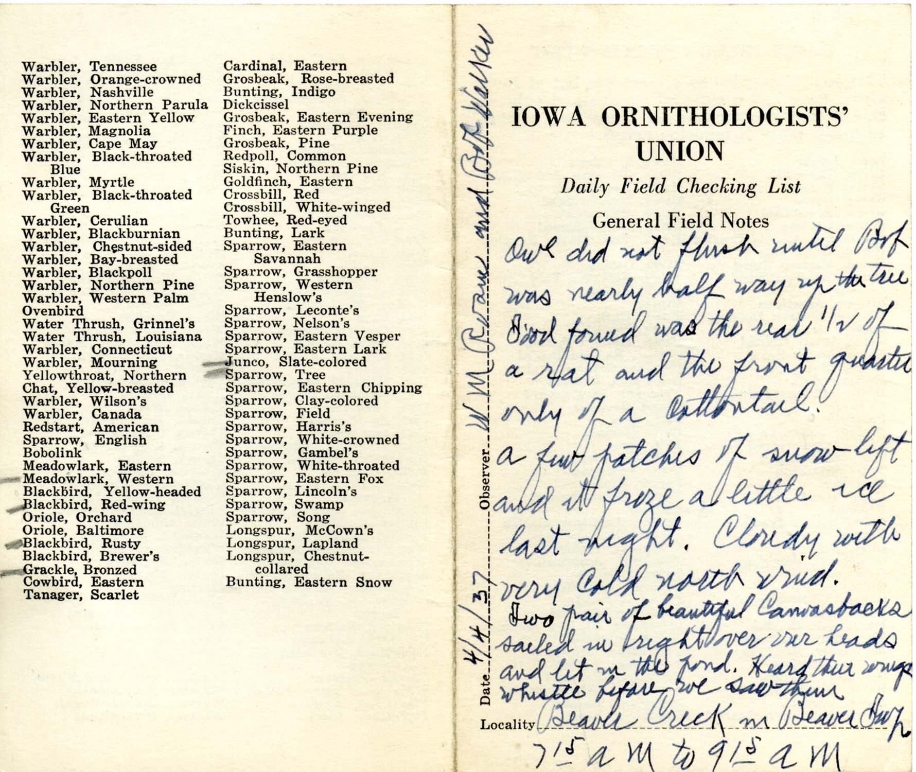 Daily field checking list by Walter Rosene, April 4, 1937