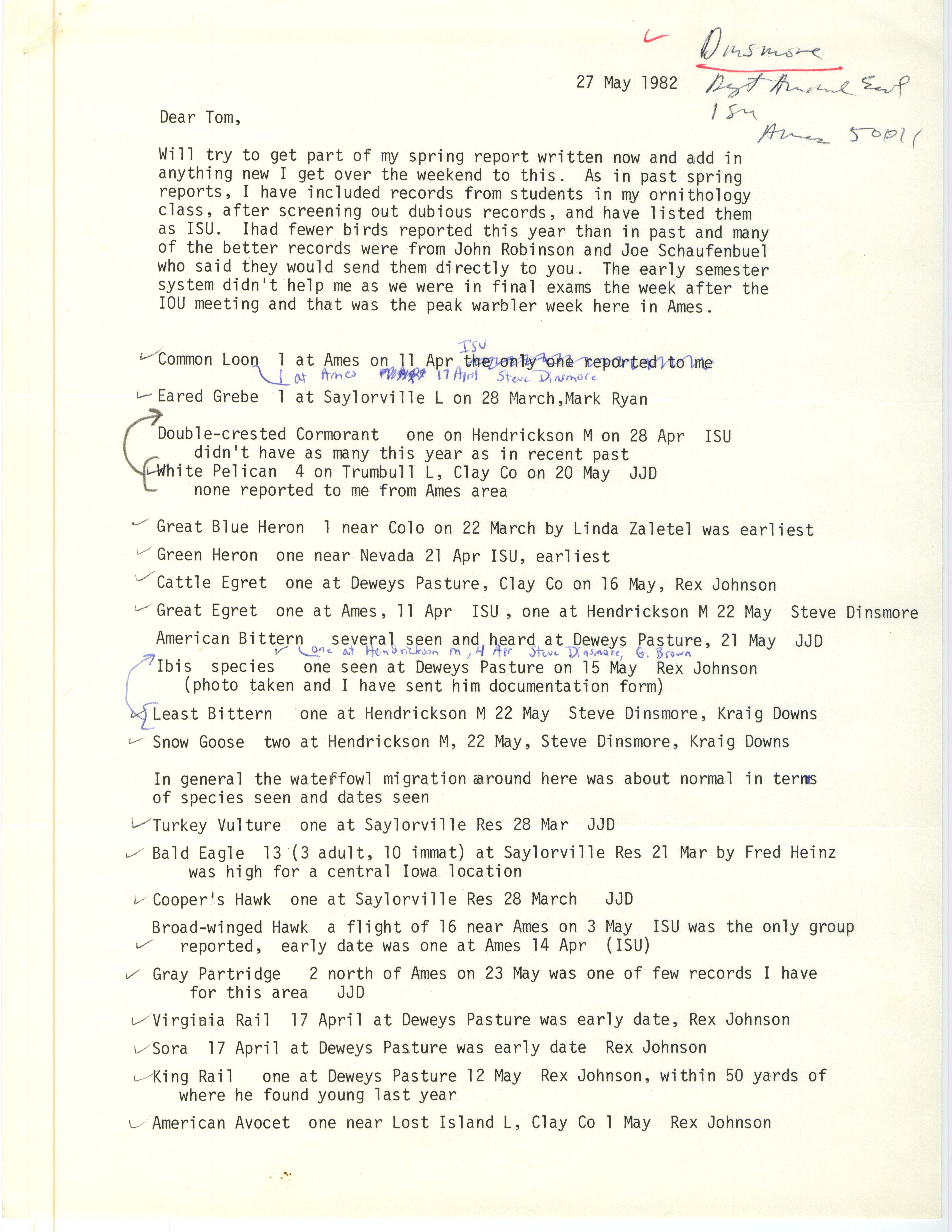 James J. Dinsmore letter to Thomas H. Kent regarding field notes, May 27, 1982