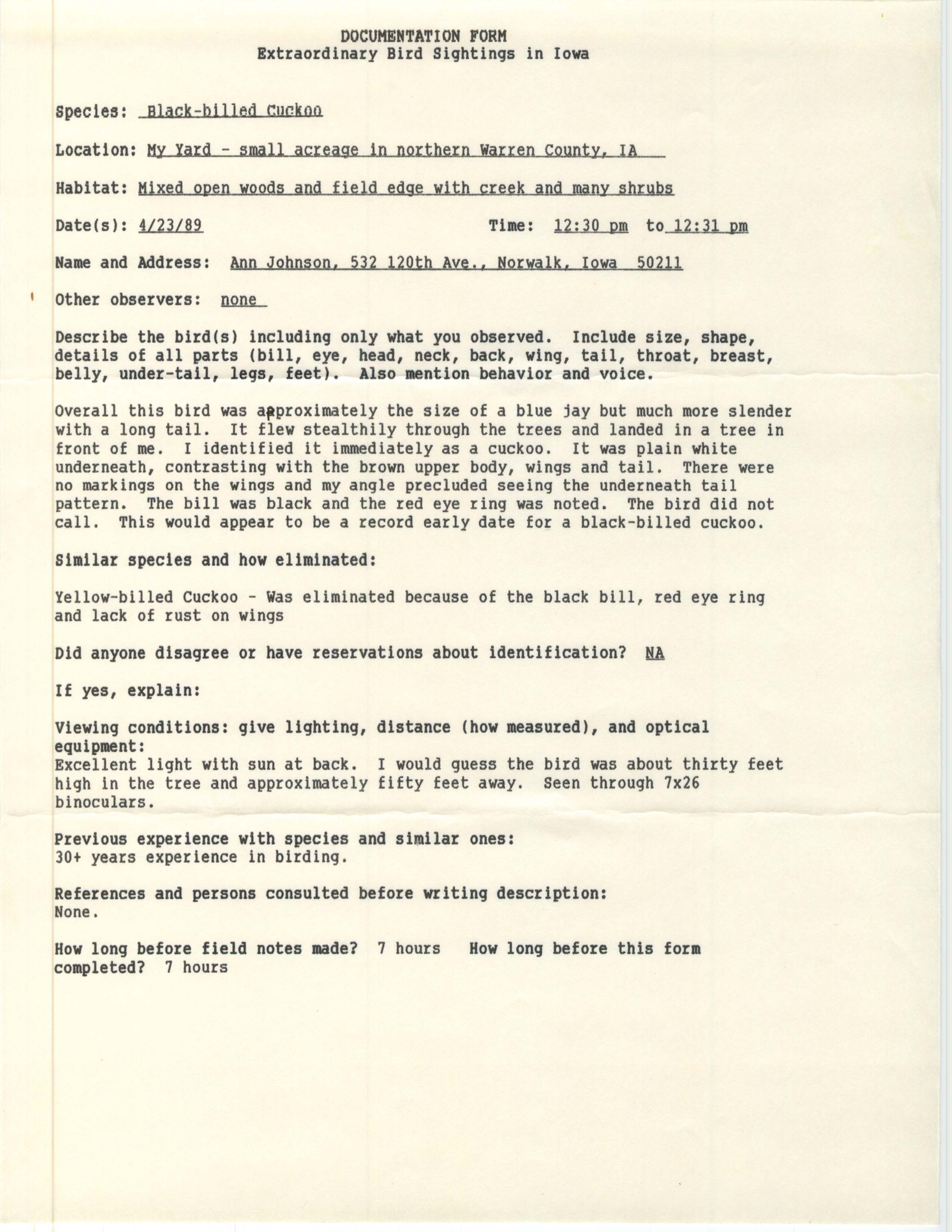 Rare bird documentation form for Black-billed Cuckoo at Norwalk, 1989