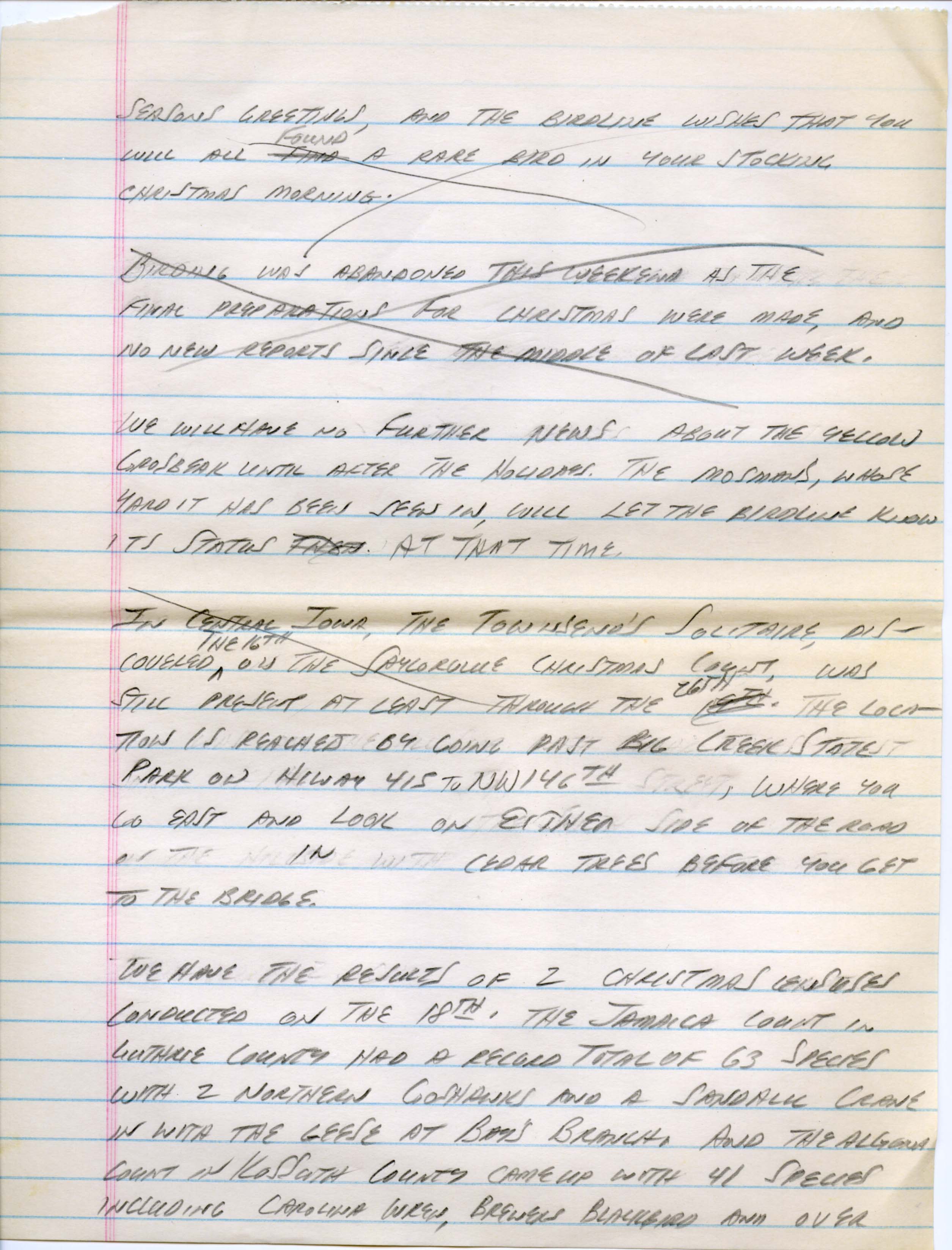 Iowa Birdline update, December 24, 1990 notes