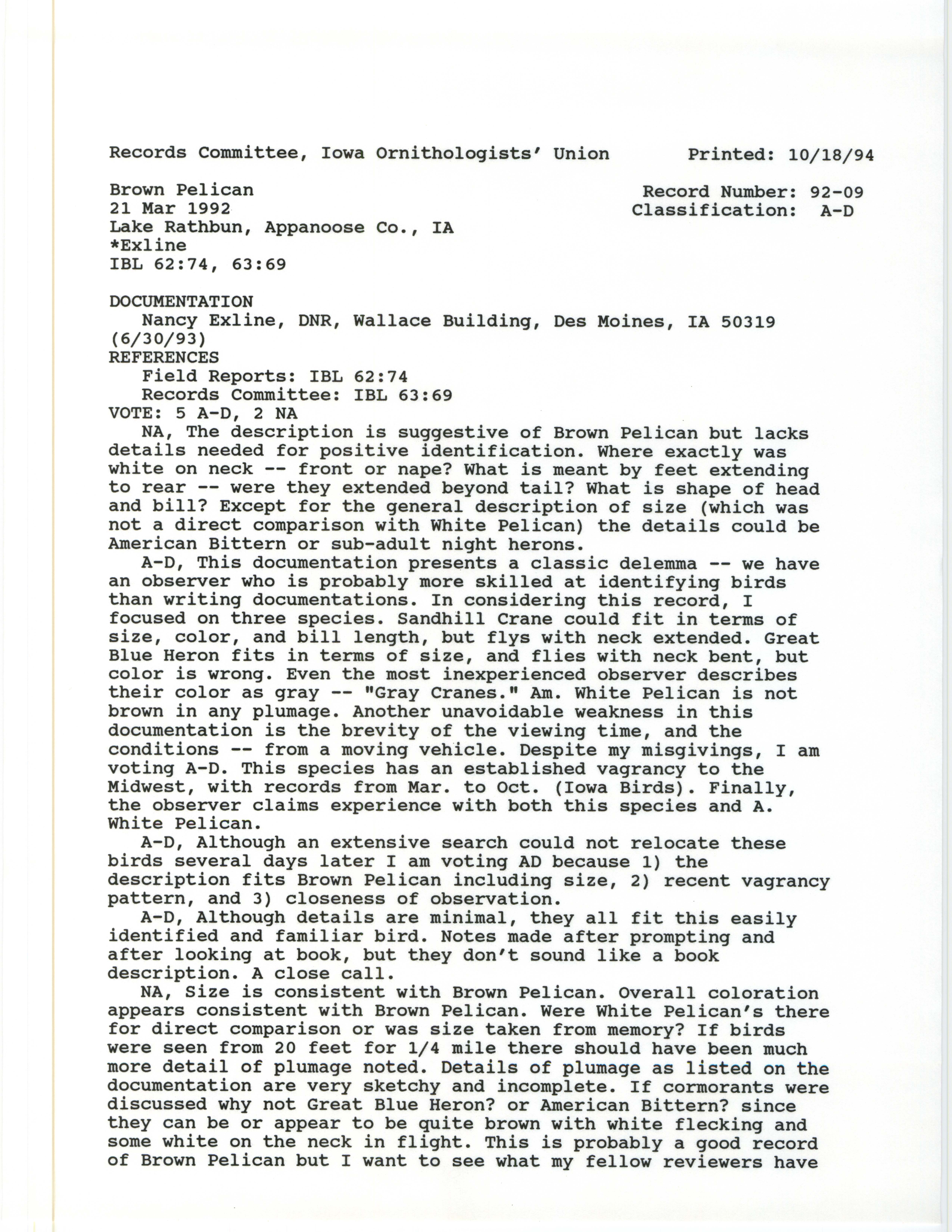 Records Committee review for rare bird sighting of Brown Pelican at Lake Rathbun, 1992