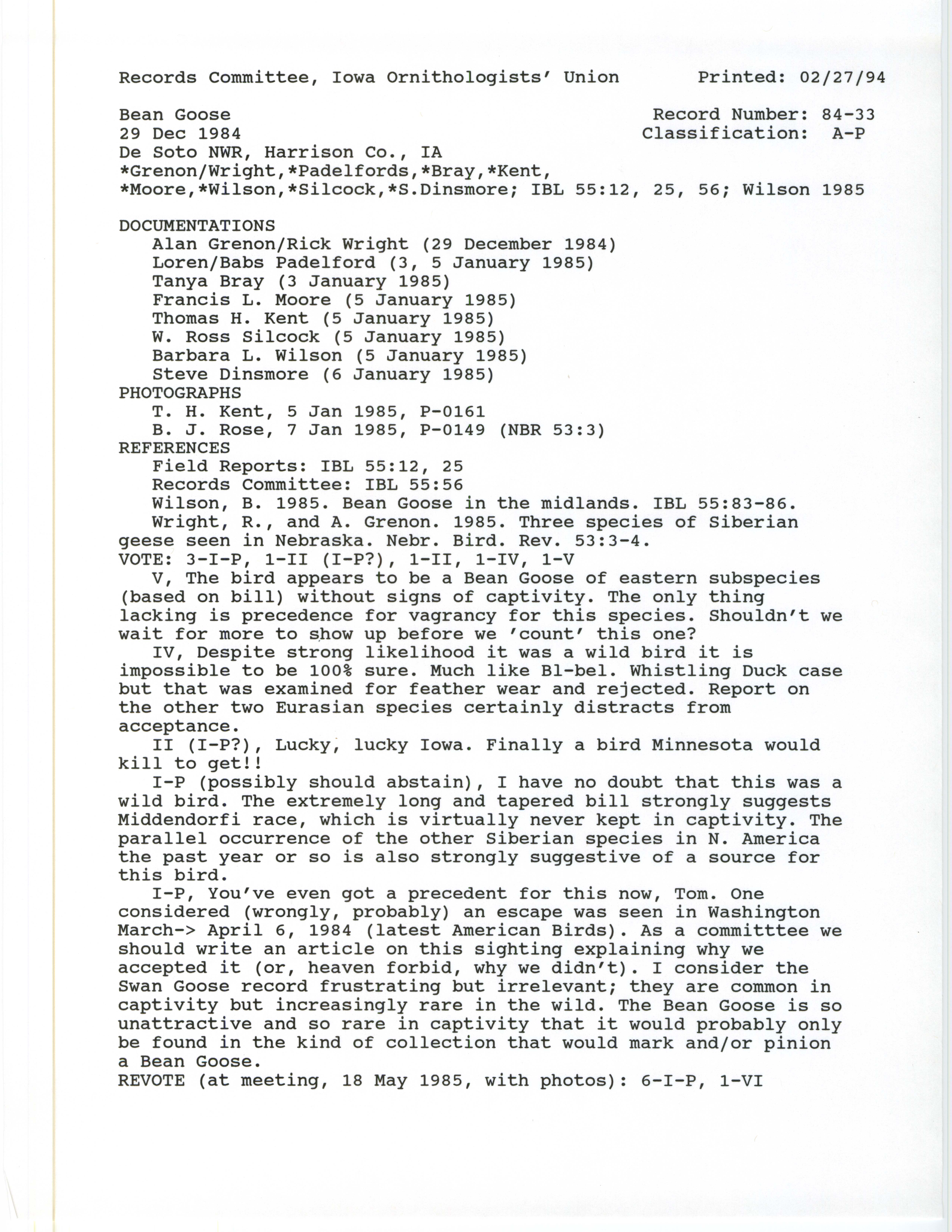 Records Committee review for rare bird sighting of Bean Goose at DeSoto National Wildlife Refuge, 1984
