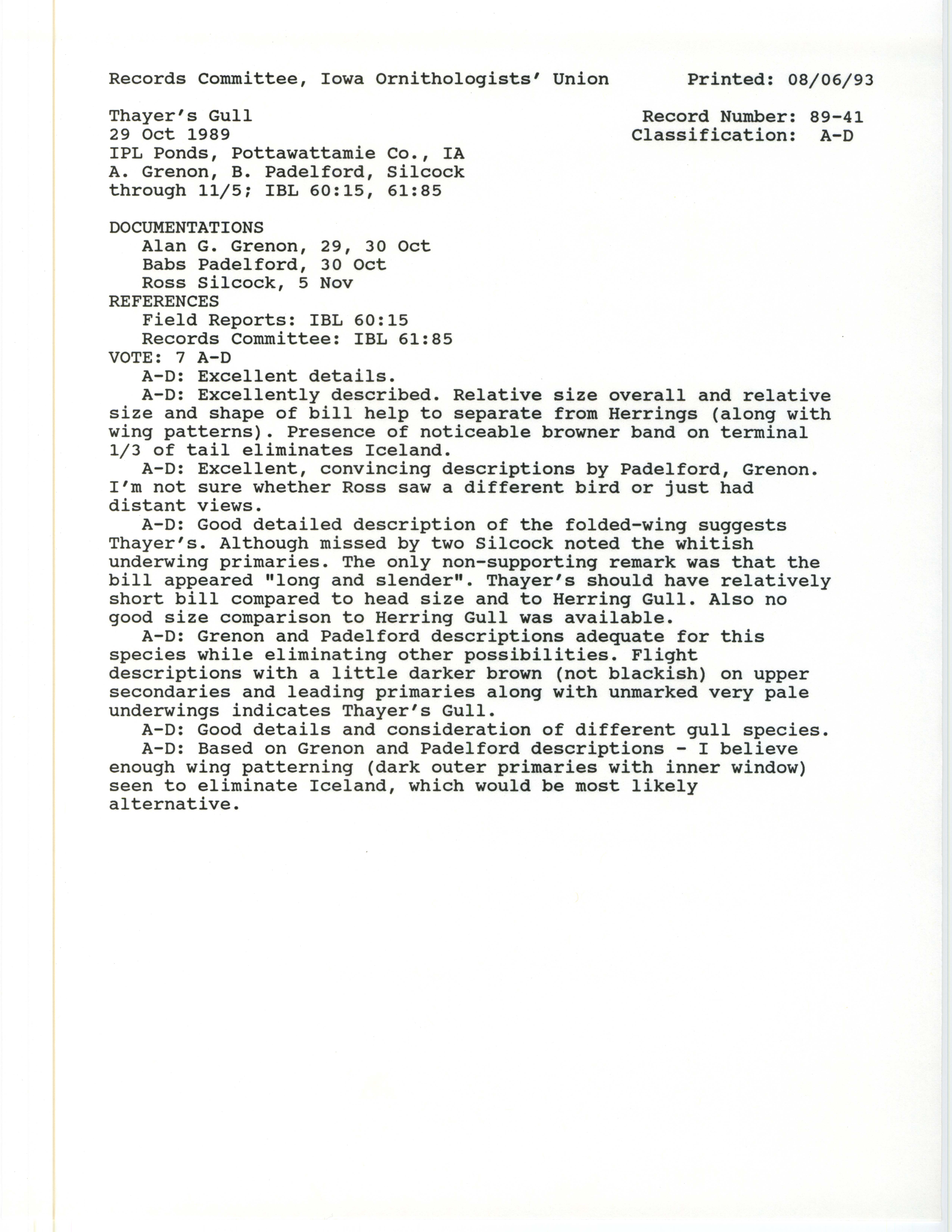 Records Committee review for rare bird sighting of Thayer's Gull at IPL Ponds in Pottawattamie County, 1989
