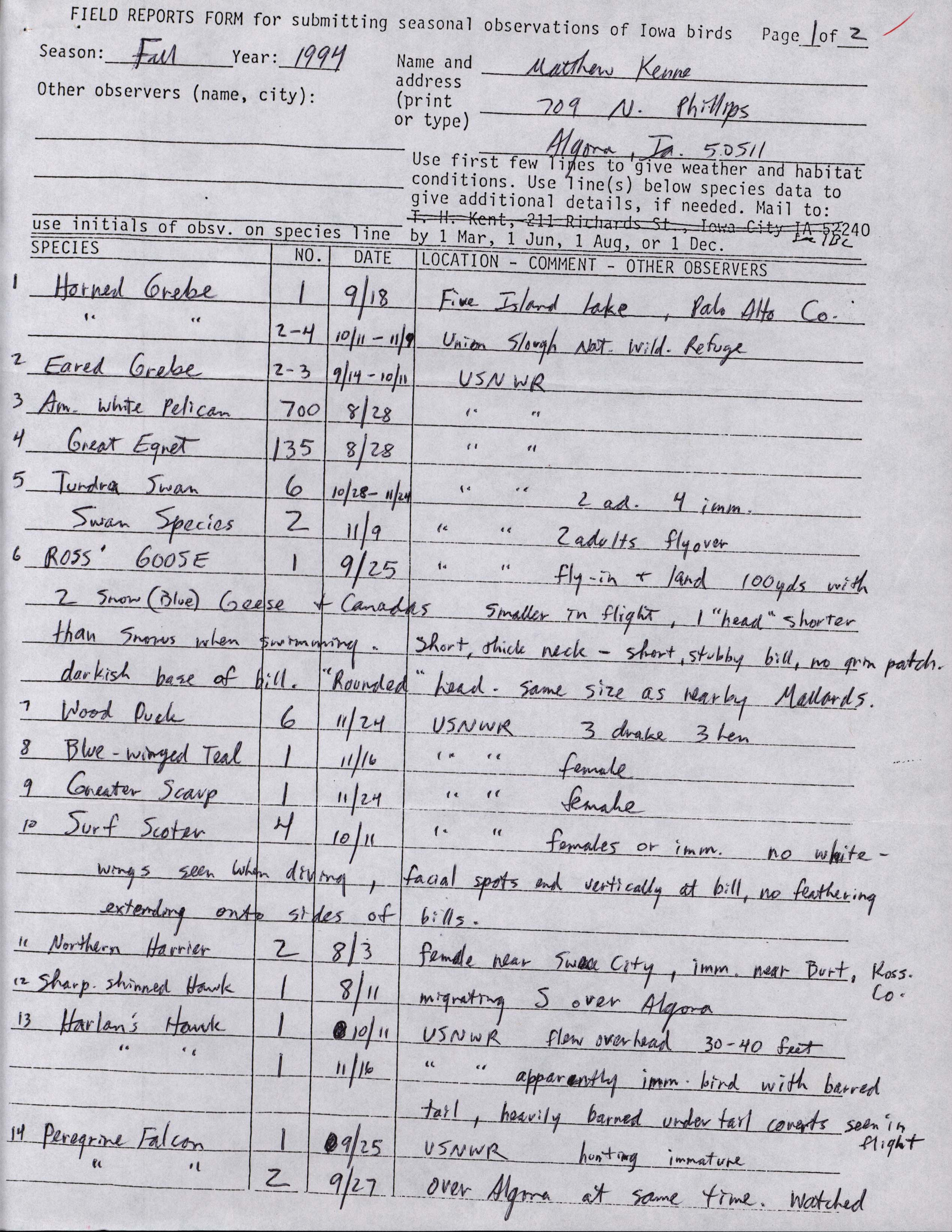 Field reports form for submitting seasonal observations of Iowa birds, Matthew Kenne, fall 1994