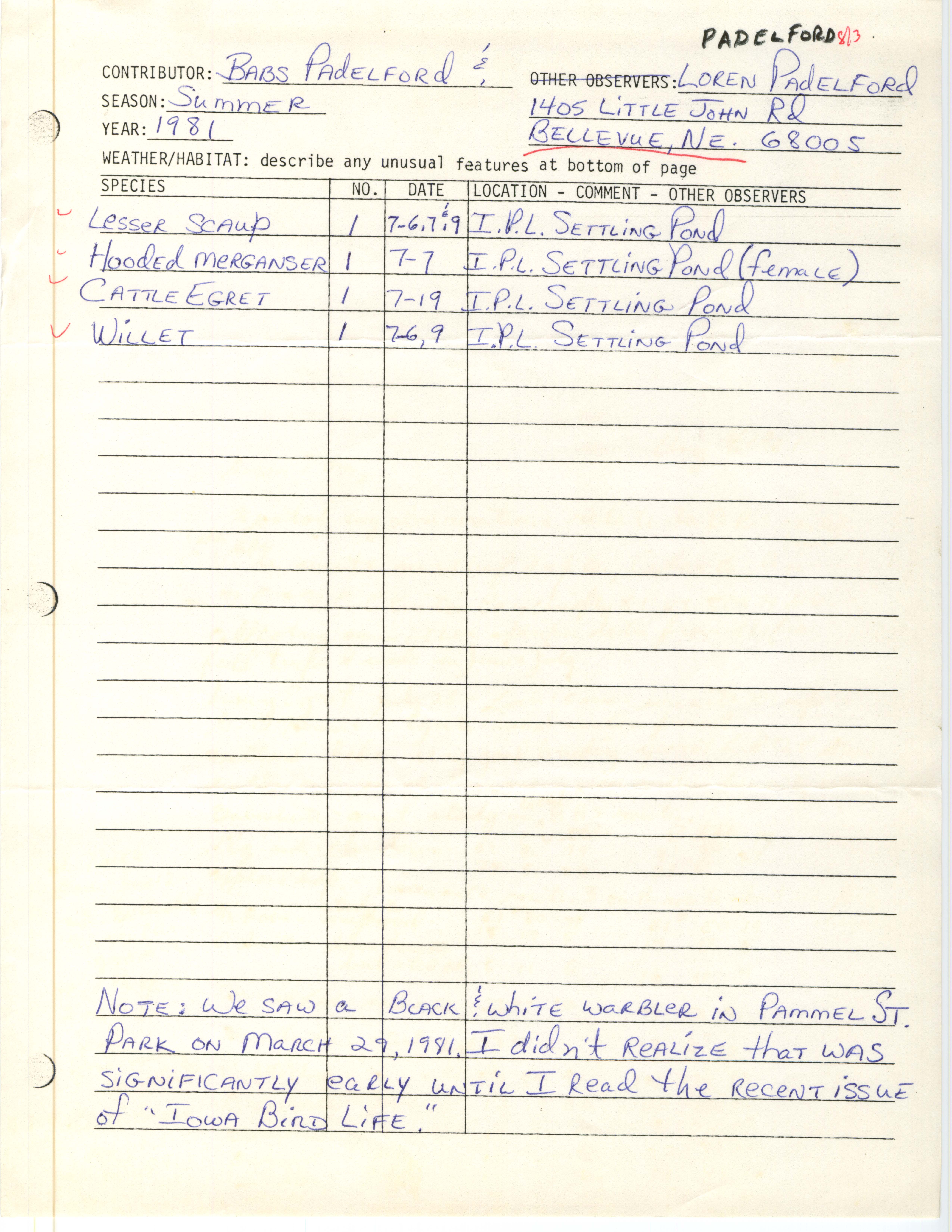 Field notes contributed by Babs Padelford and Loren Padelford, summer 1981