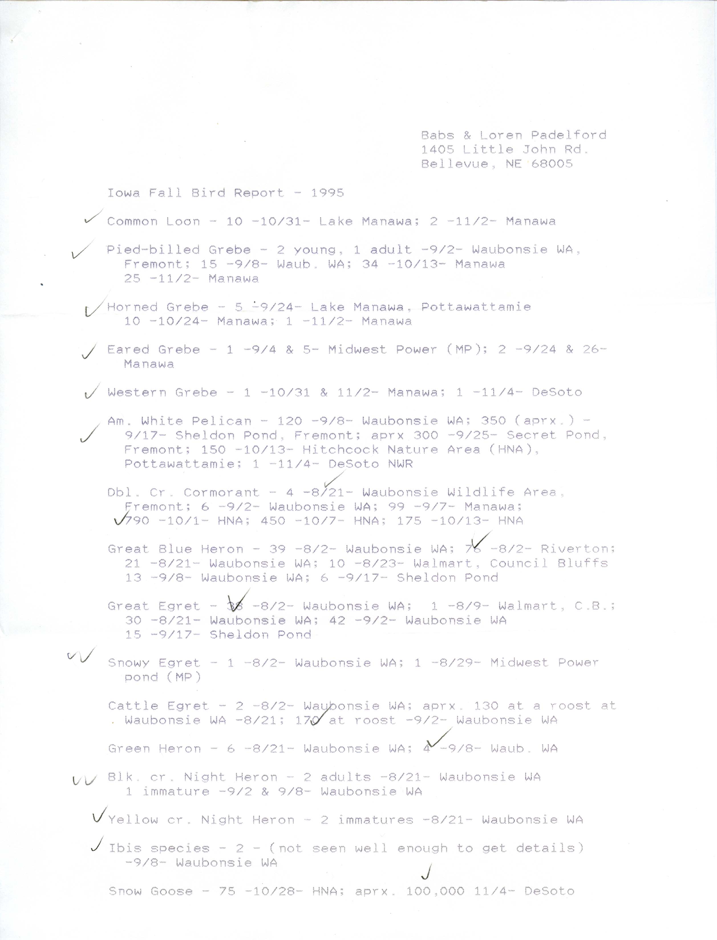 Field notes contributed by Babs Padelford and Loren Padelford, fall 1995