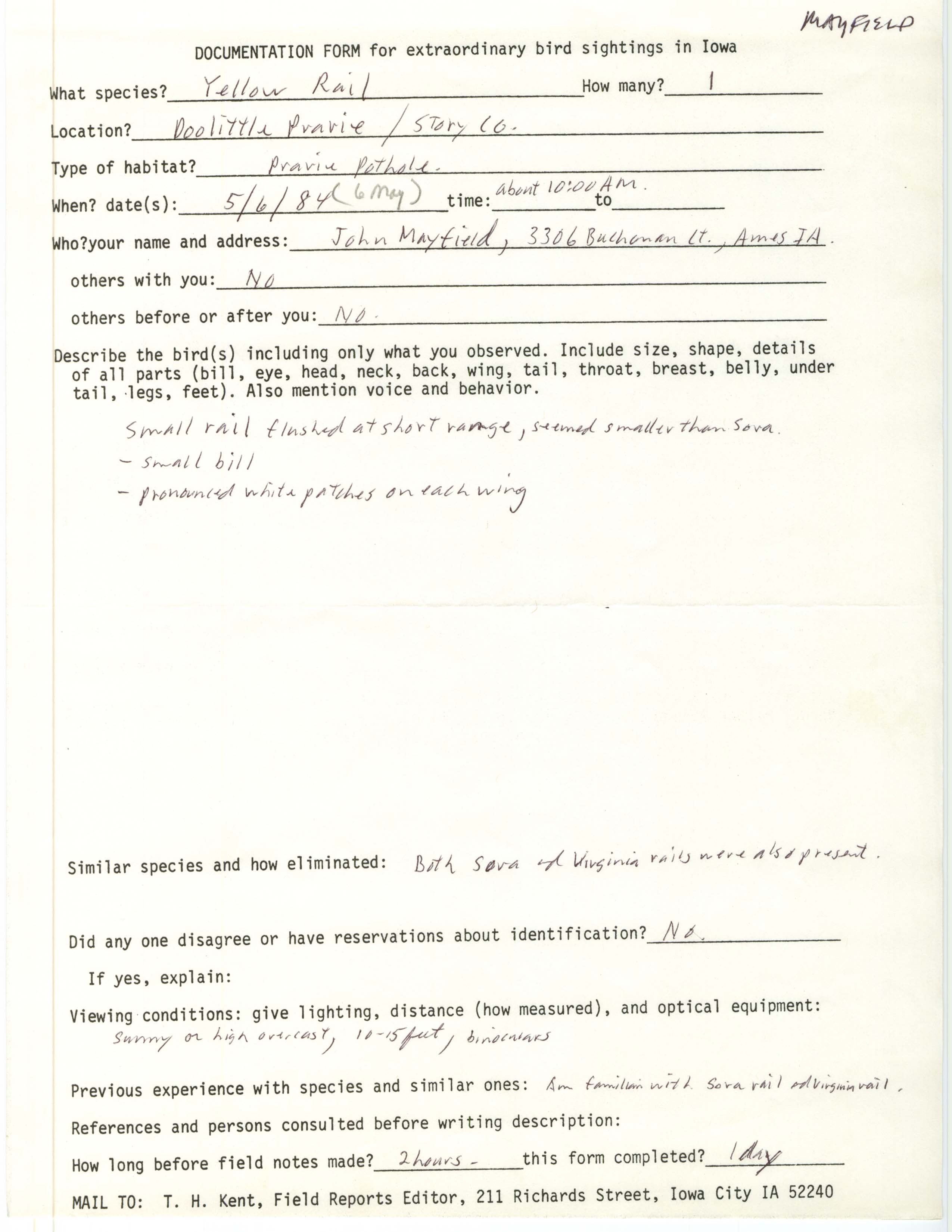 Rare bird documentation form for Yellow Rail at Doolittle Prairie in 1984