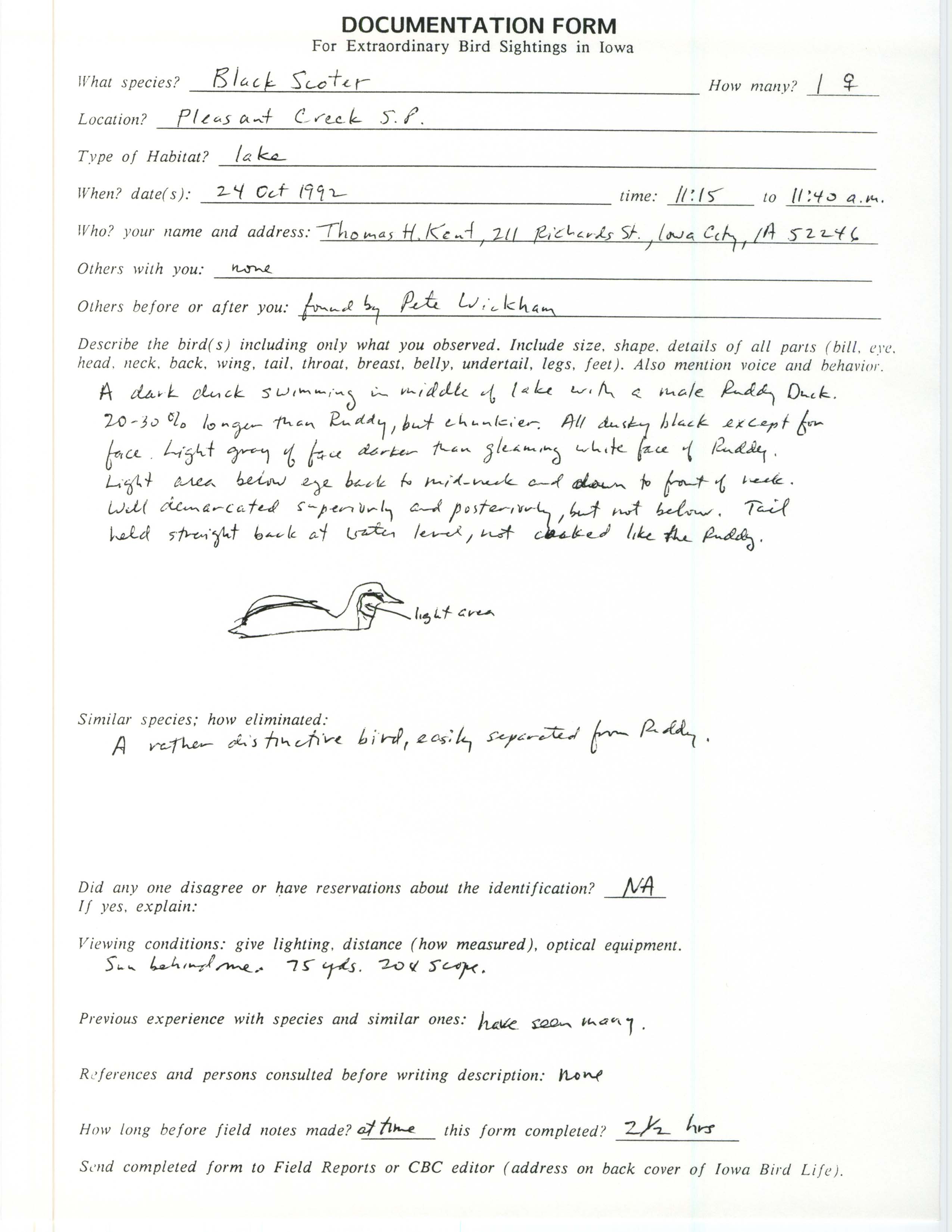 Rare bird documentation form for Black Scoter at Pleasant Creek State Park, 1992
