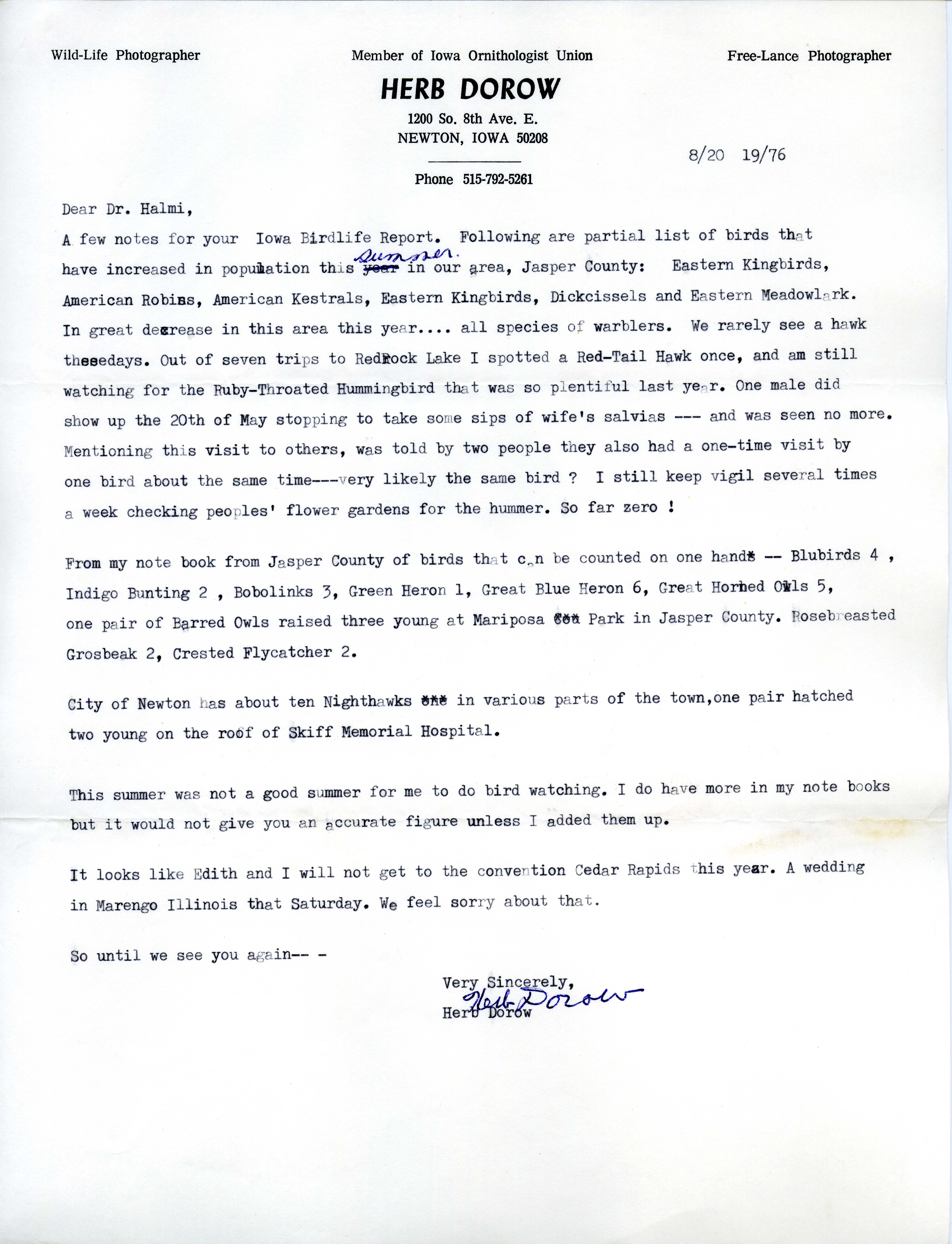 Letter from Herb Dorow to Nicholas G. Halmi Regarding Bird Sightings in Jasper County, August 20, 1976