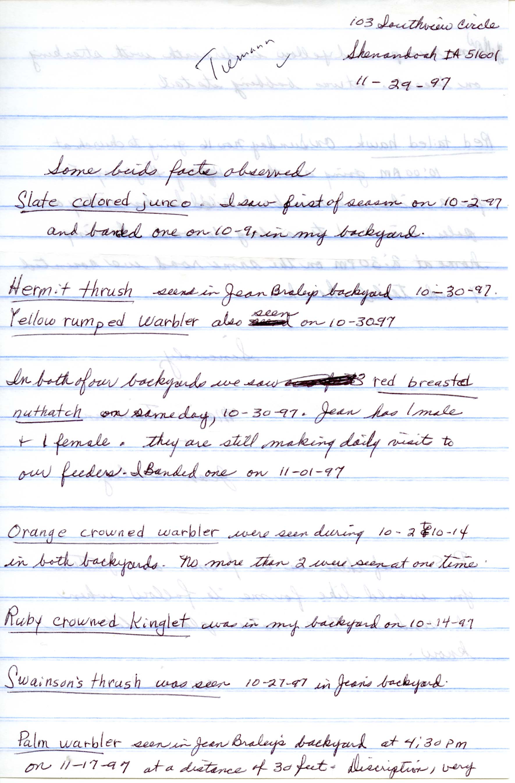 Field notes contributed by Marie E. Spears Tiemann and Jean B. Braley, November 29, 1997