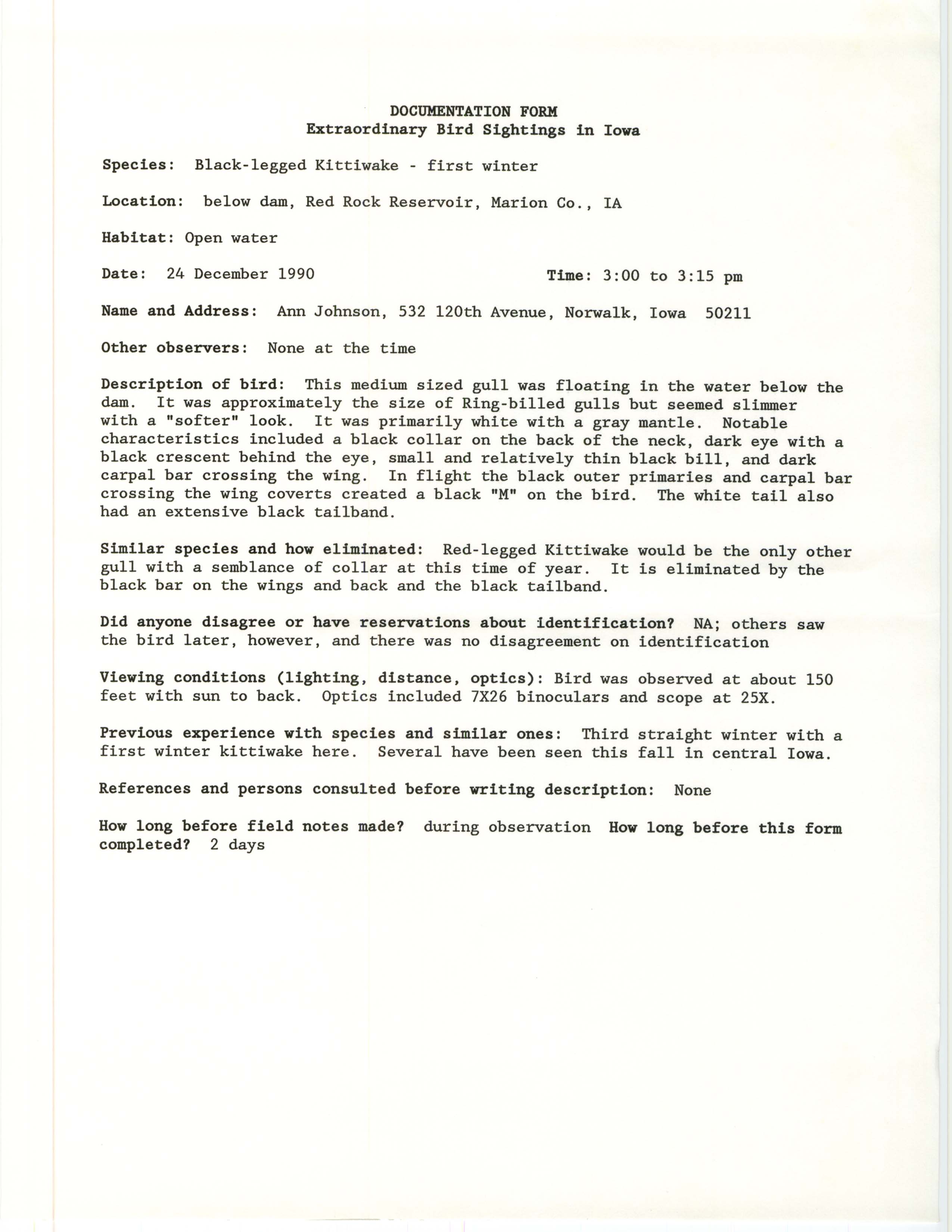 Rare bird documentation form for Black-legged Kittiwake at Red Rock Dam, 1990