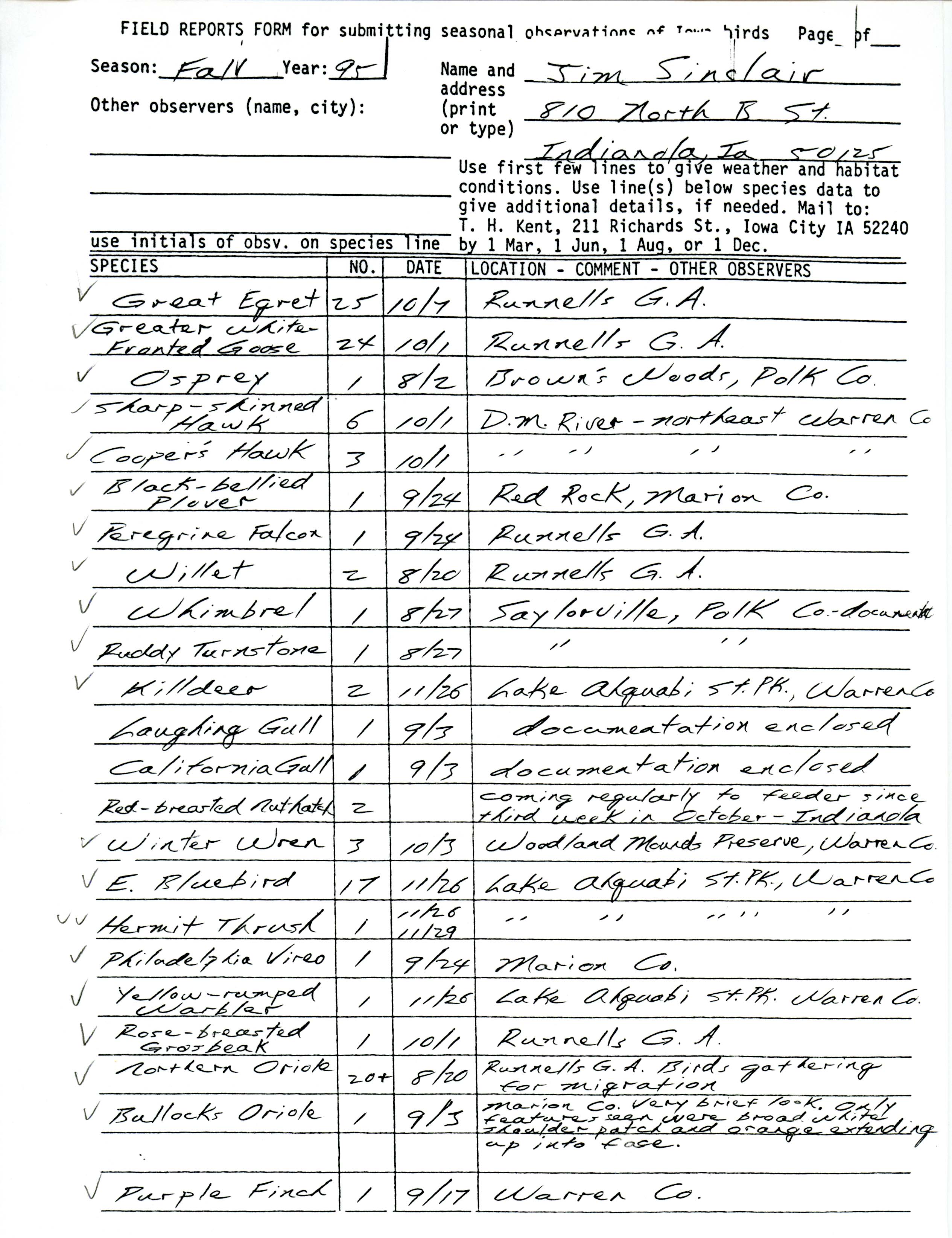 Field reports form for submitting seasonal observations of Iowa birds, Jim Sinclair, fall 1995