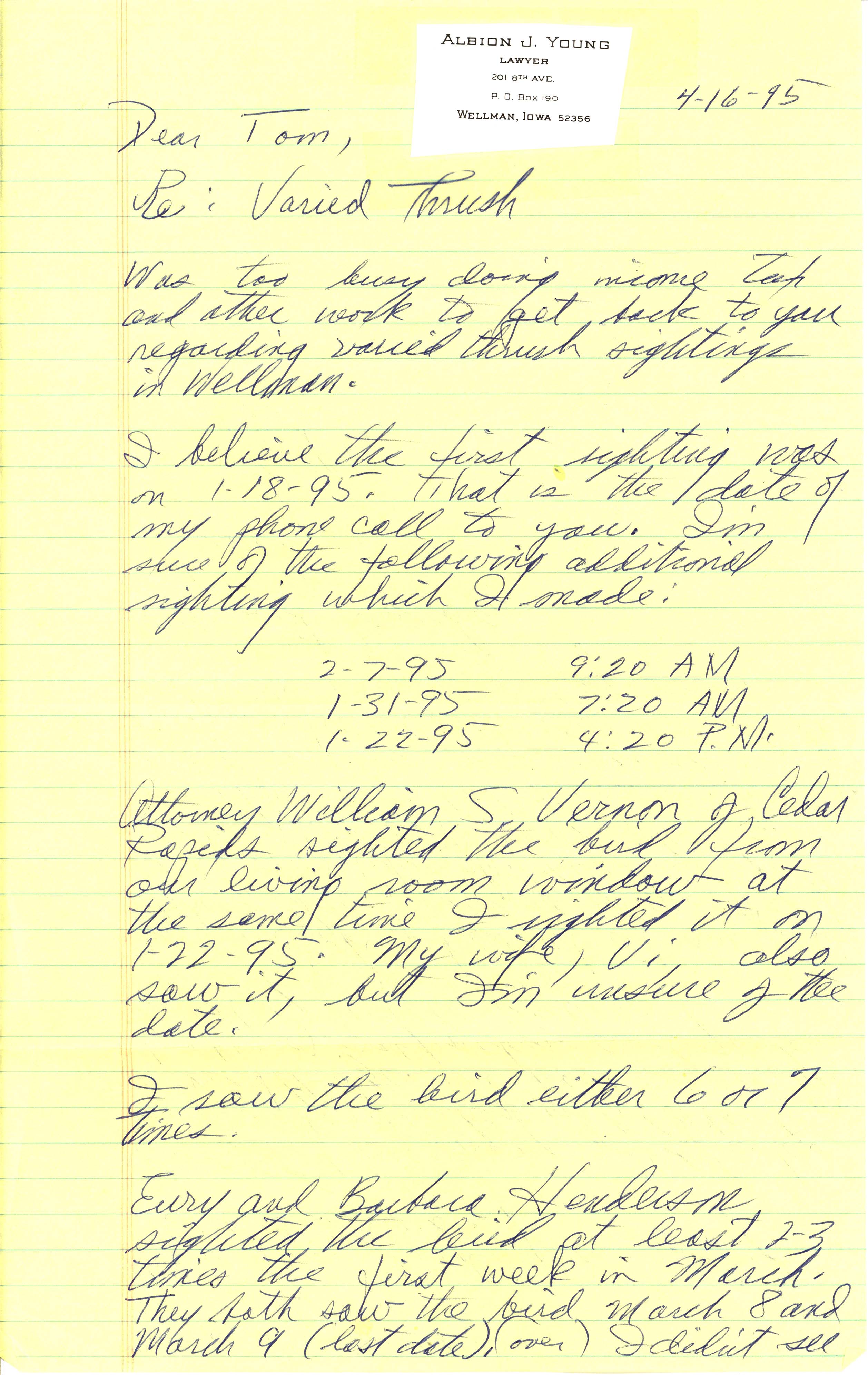 Albion Young letter to Thomas Kent regarding Varied Thrush sighting, April 16, 1995