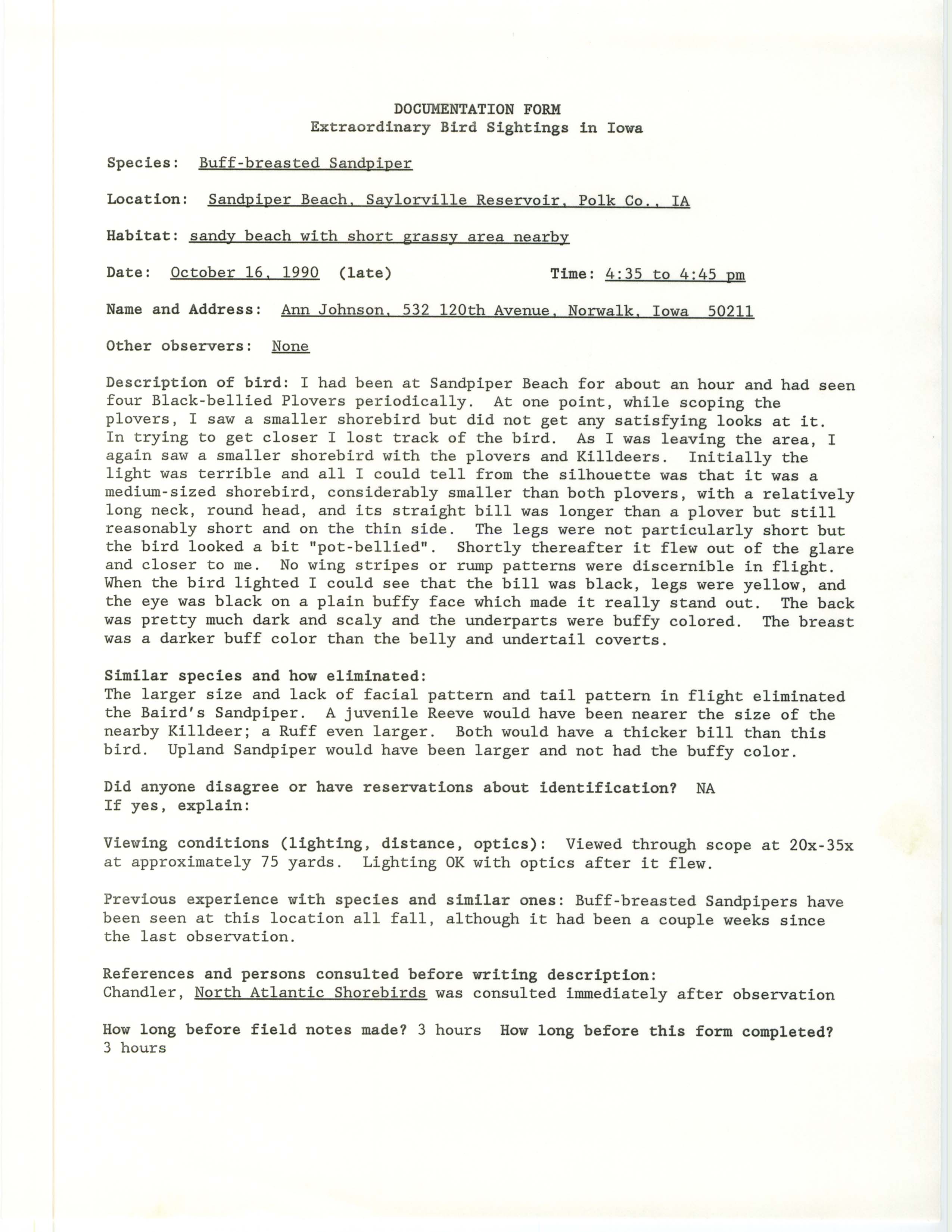 Rare bird documentation form for Buff-breasted Sandpiper at Sandpiper Beach at Saylorville Reservoir, 1990