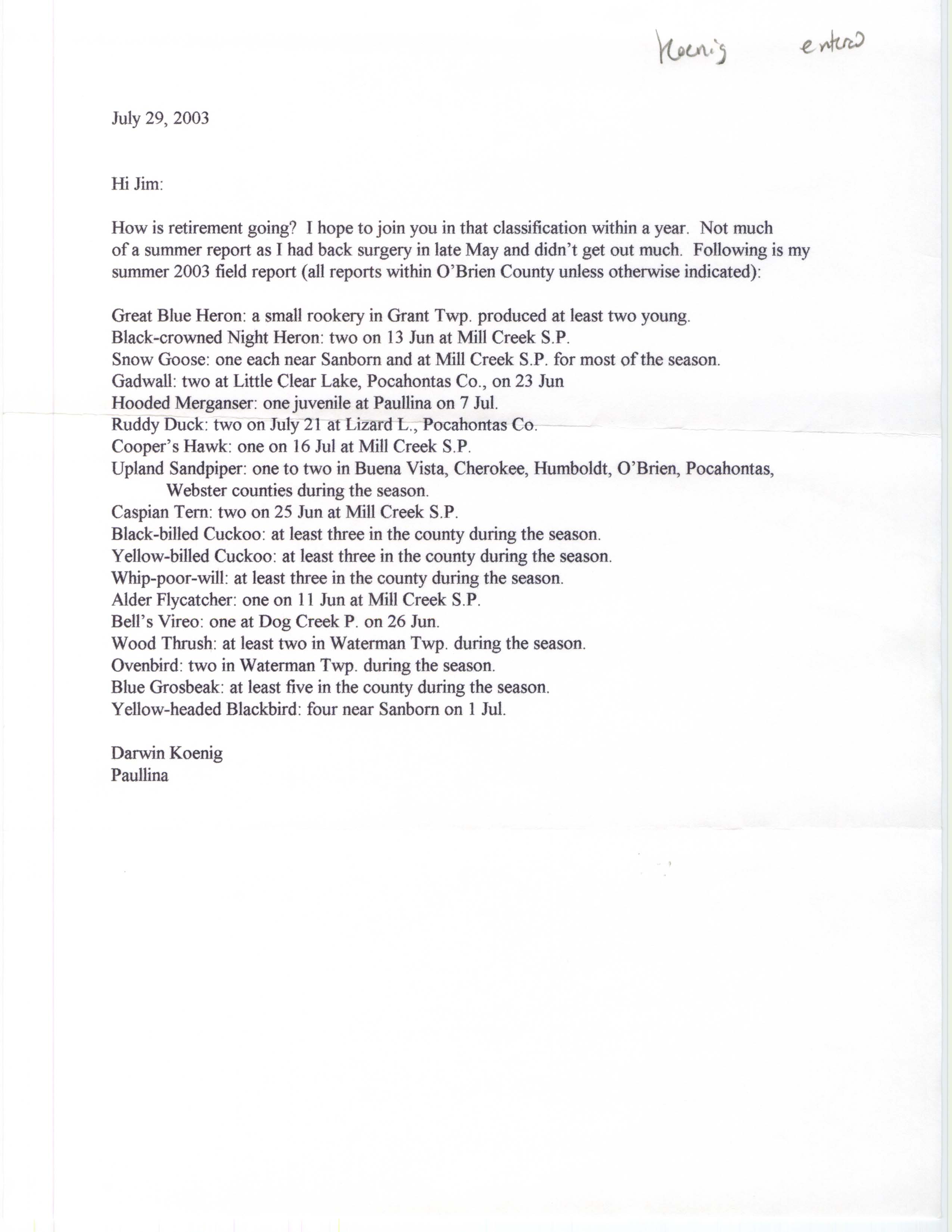 Darwin Koenig letter to James J. Dinsmore regarding bird sightings, July 29,  2003