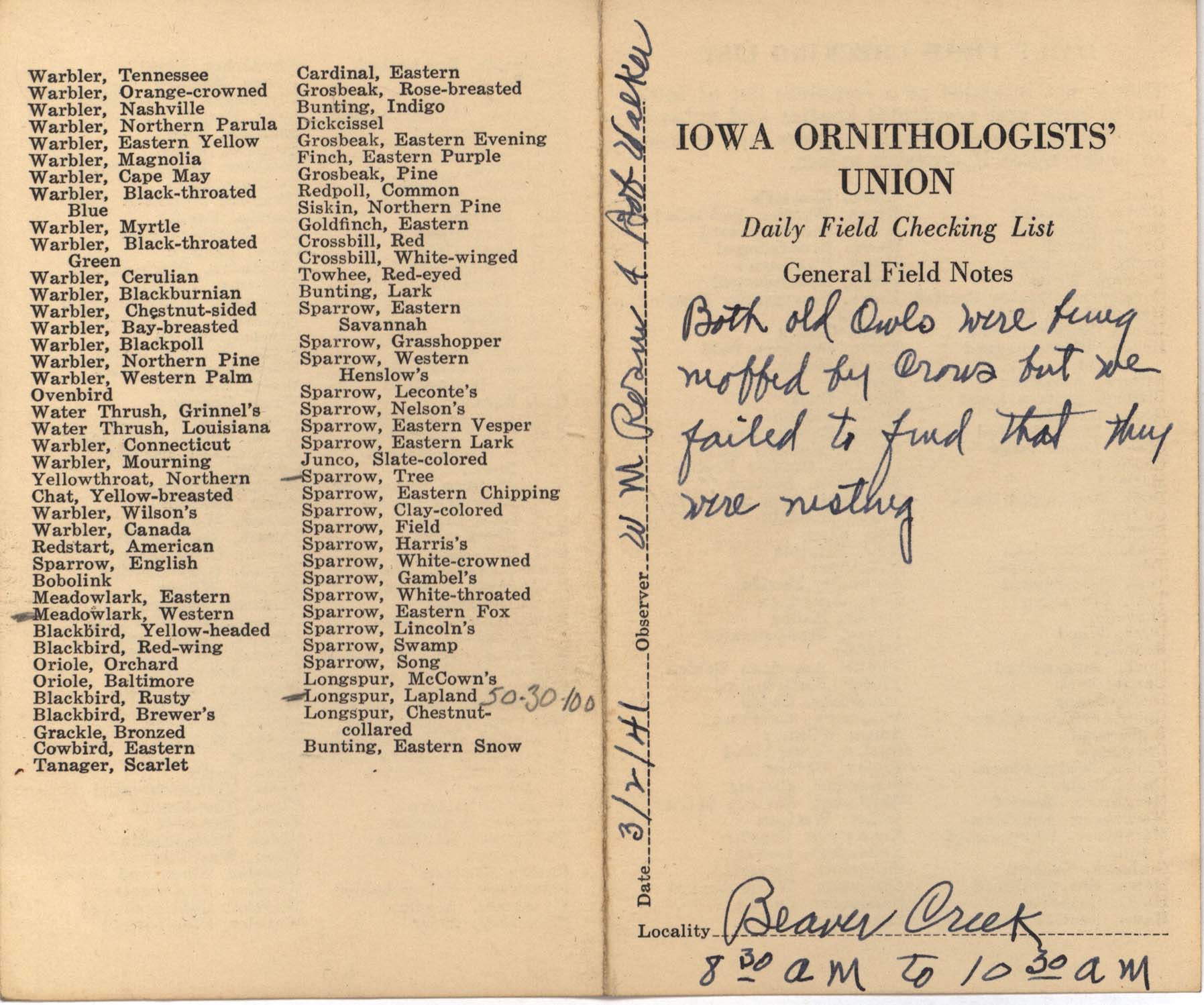 Daily field checking list by Walter Rosene, March 2, 1941