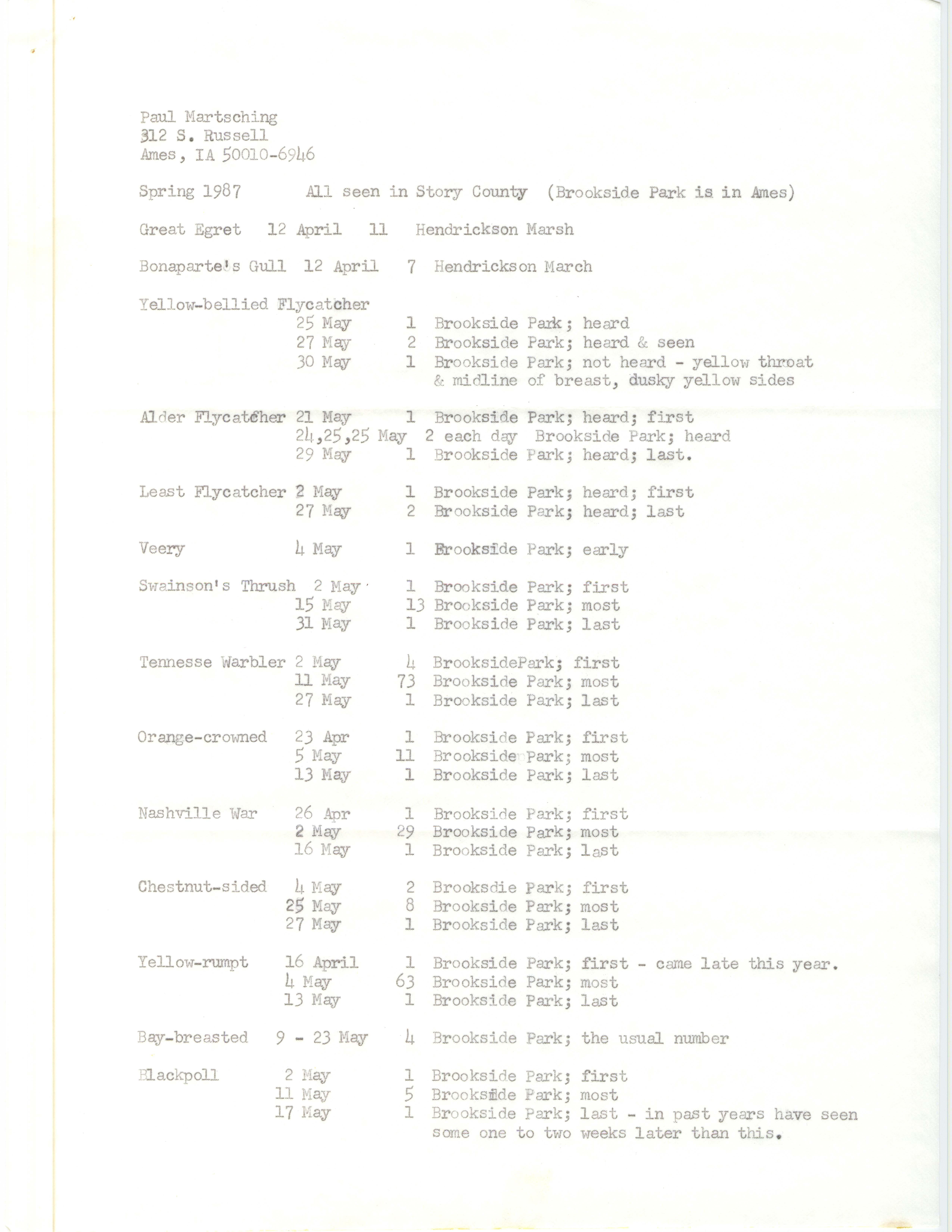 Field notes contributed by Paul Martsching, spring 1987