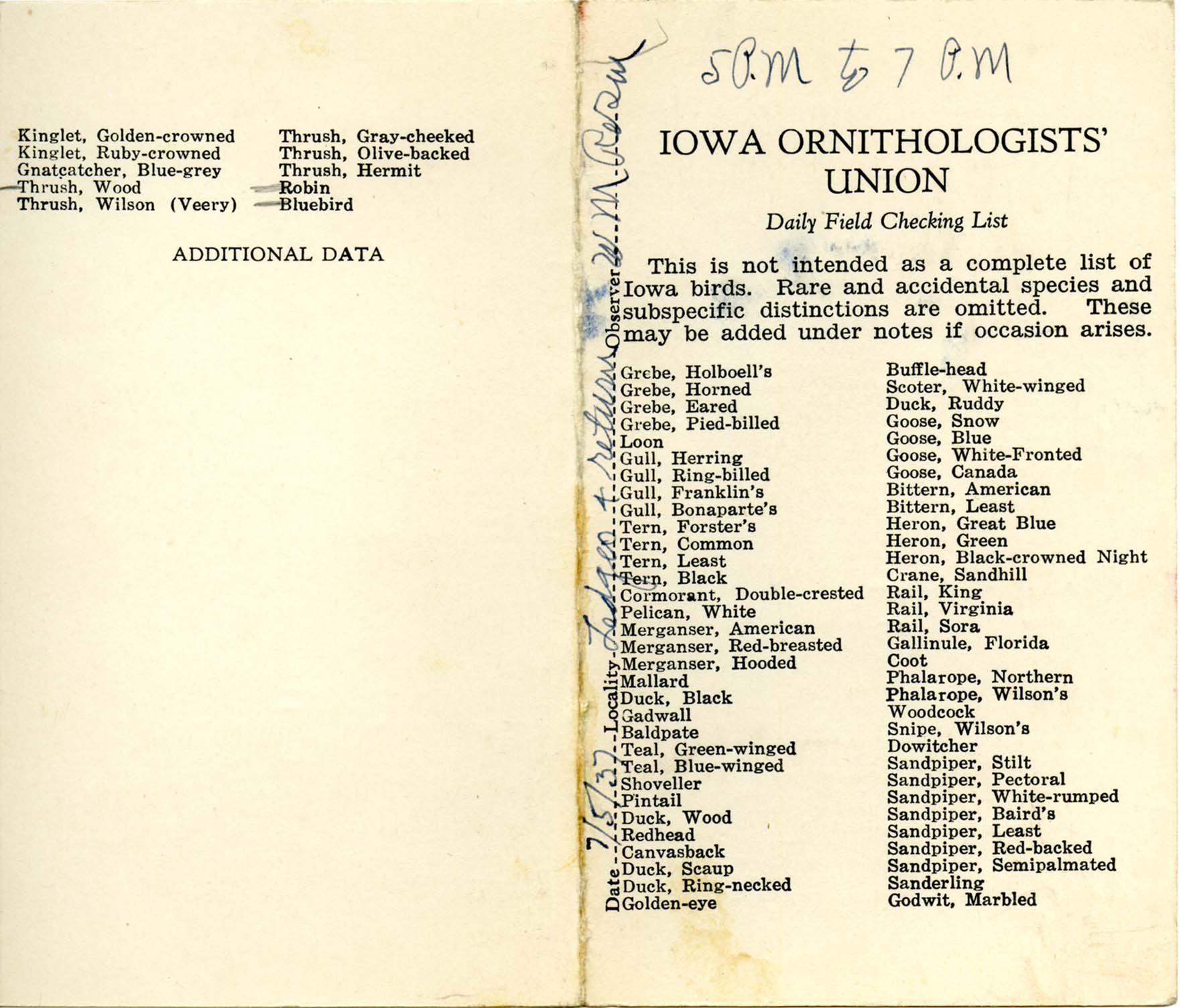 Daily field checking list by Walter Rosene, July 5, 1937