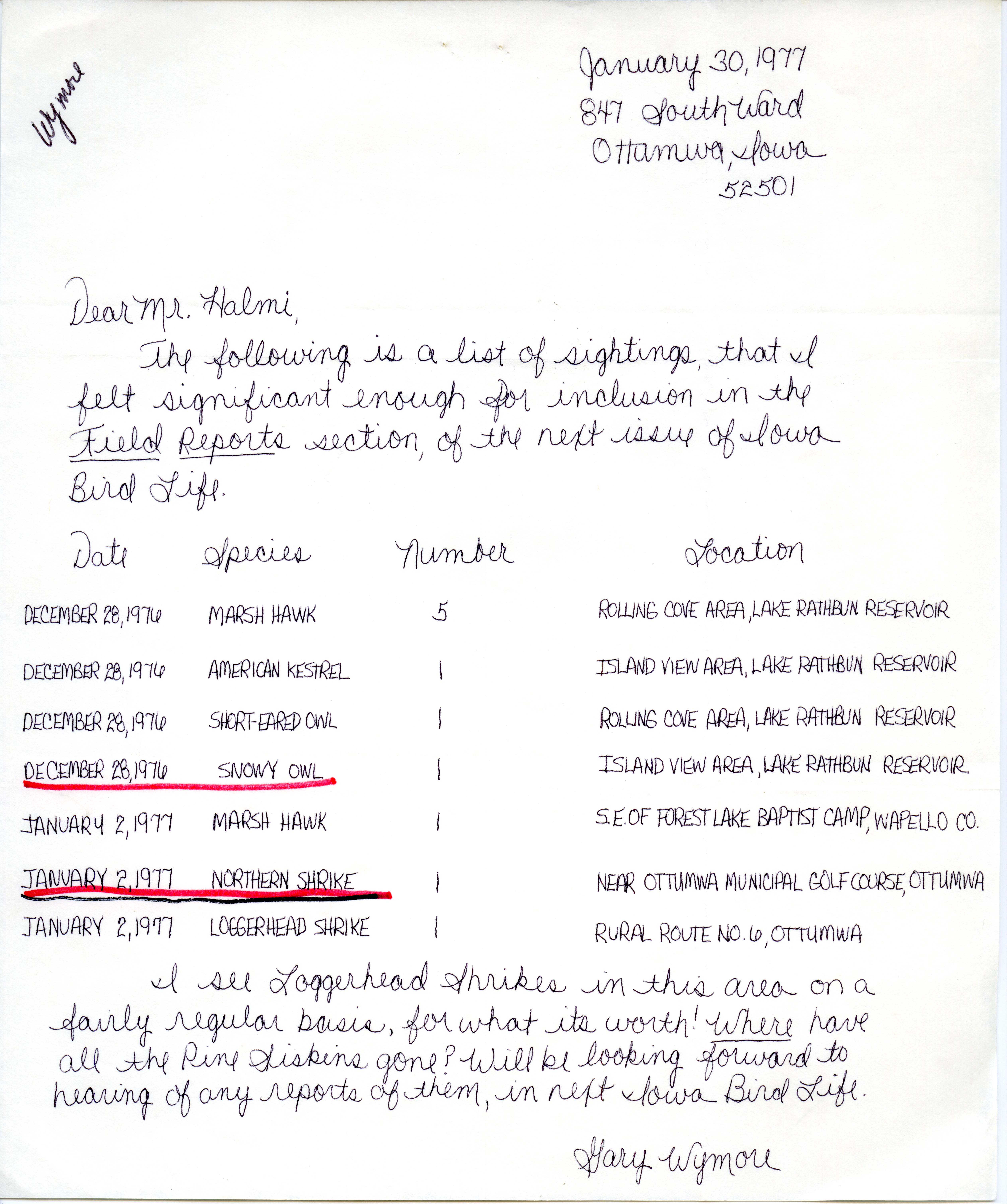 Gary D. Wymore letter to Nicholas S. Halmi regarding bird sightings, January 30, 1977